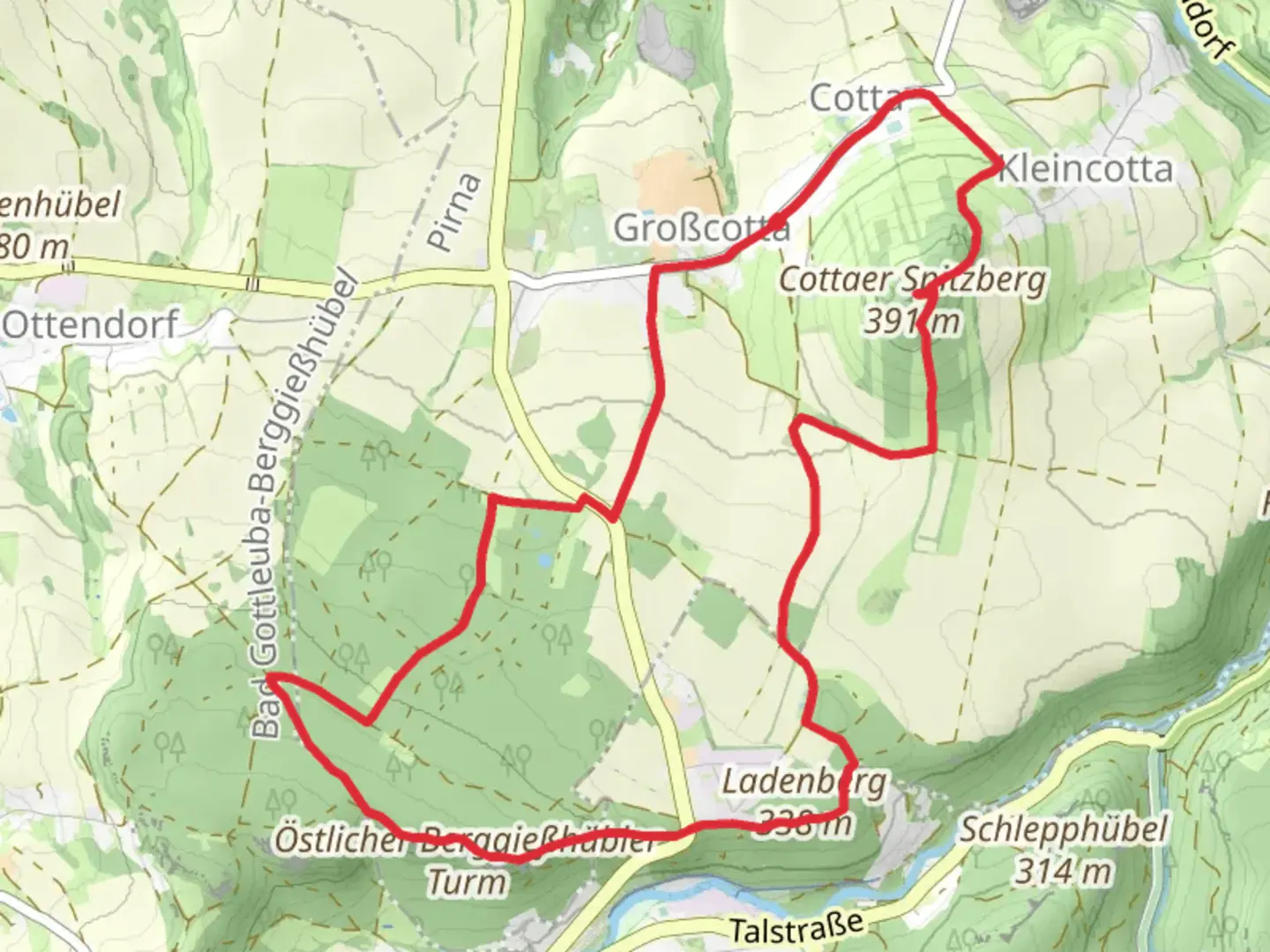 An image depicting the trail Cottaer Spitzberg and Ladenberg Loop via Grüner Strich and its surrounding area.