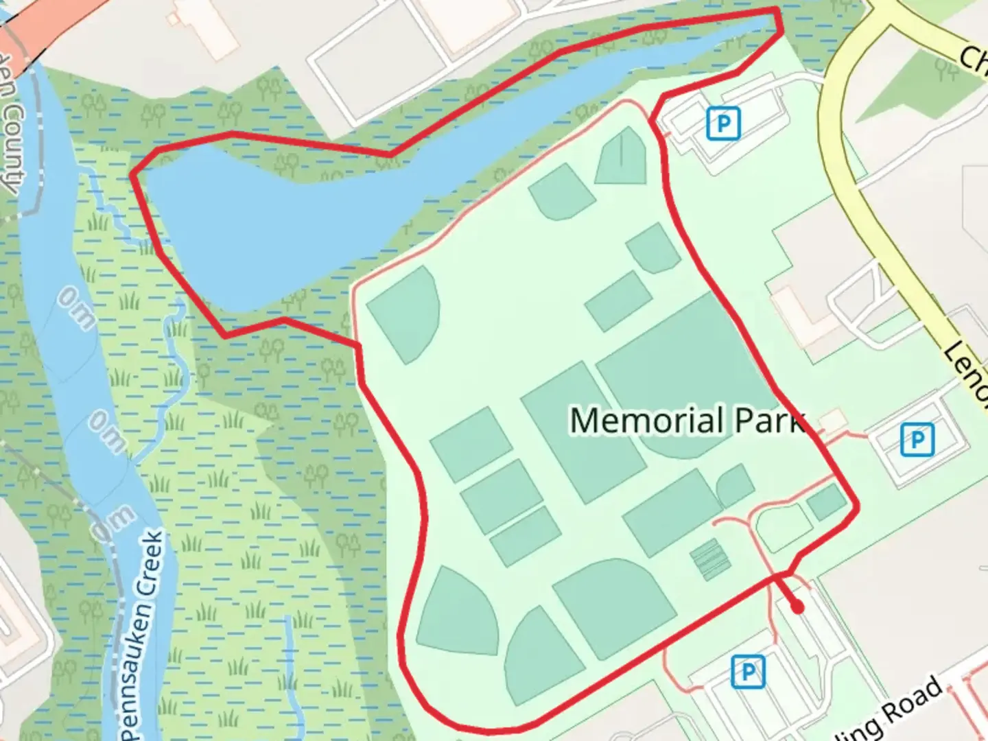 An image depicting the trail Memorial Park Loop and its surrounding area.