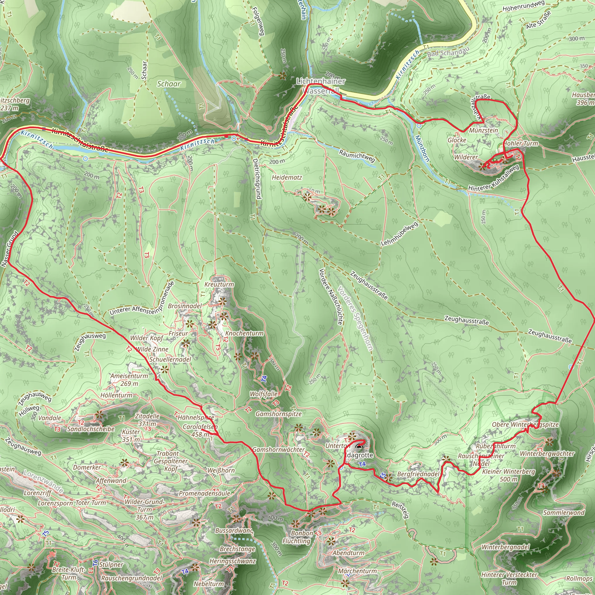 Kirnitzsch, Kuhstall, Meuer Wildenstein, Ruebezahlturm and Idagrotte via DicherMusiker Malerweg mobile static map