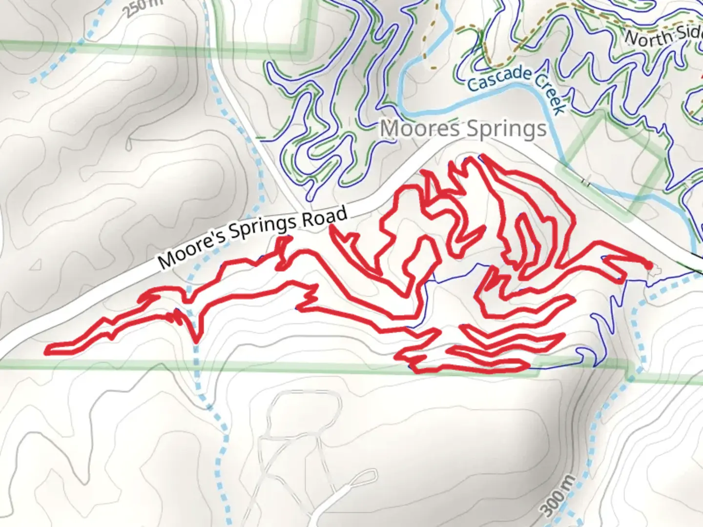An image depicting the trail Original Loop, Land of the Lost and Major Tom Loop and its surrounding area.