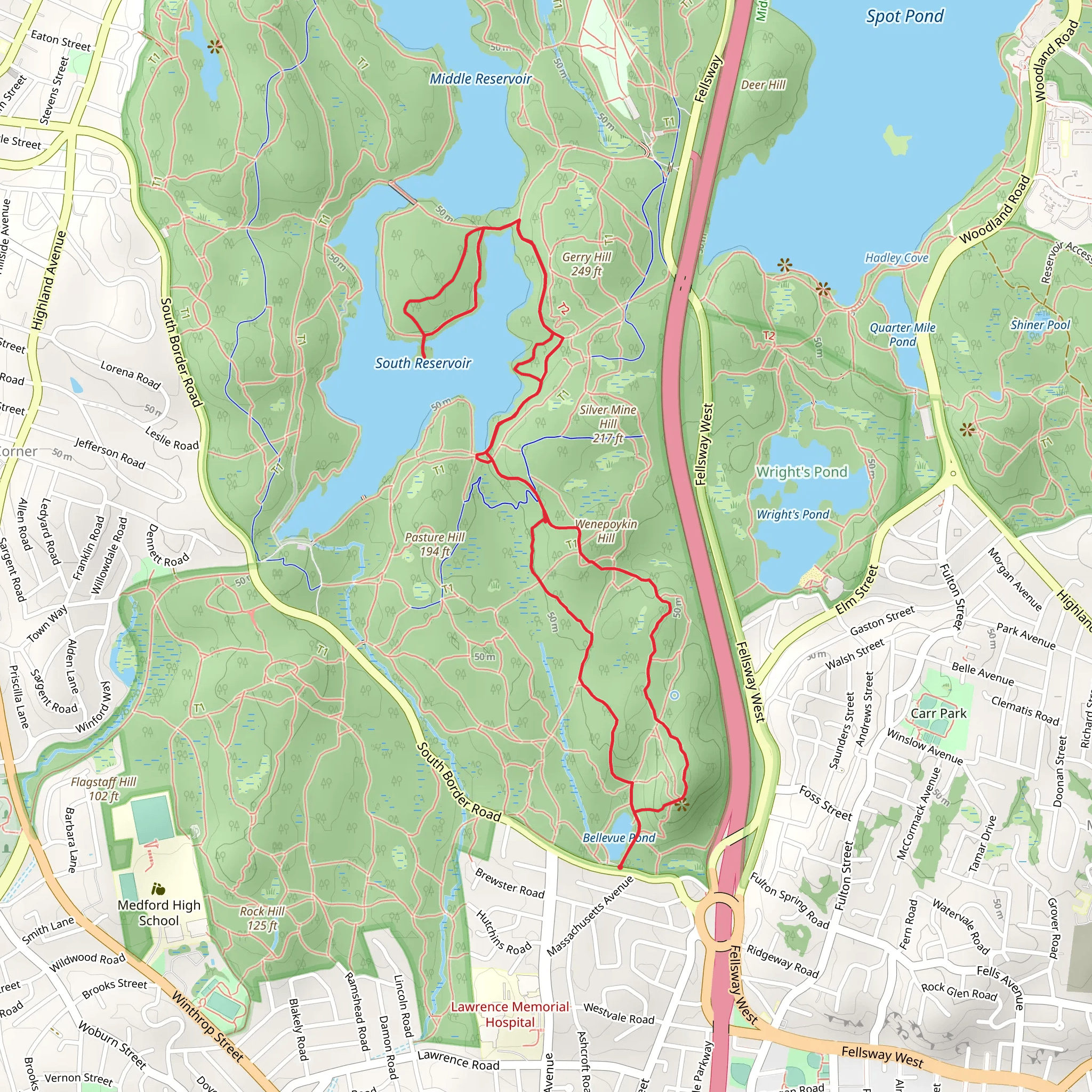 South Reservoir, Skyline Trail and Pine Hill Loop via Bellevue Pond mobile static map