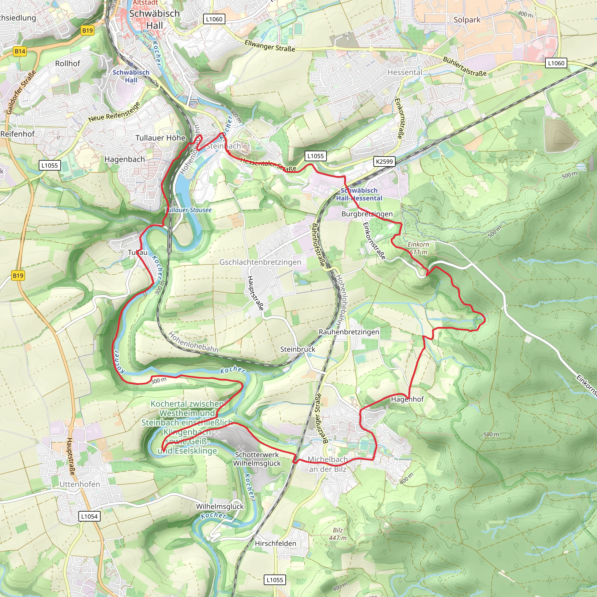 Steinbach and Michelbach Loop via Kocher and Grobcomburg mobile static map