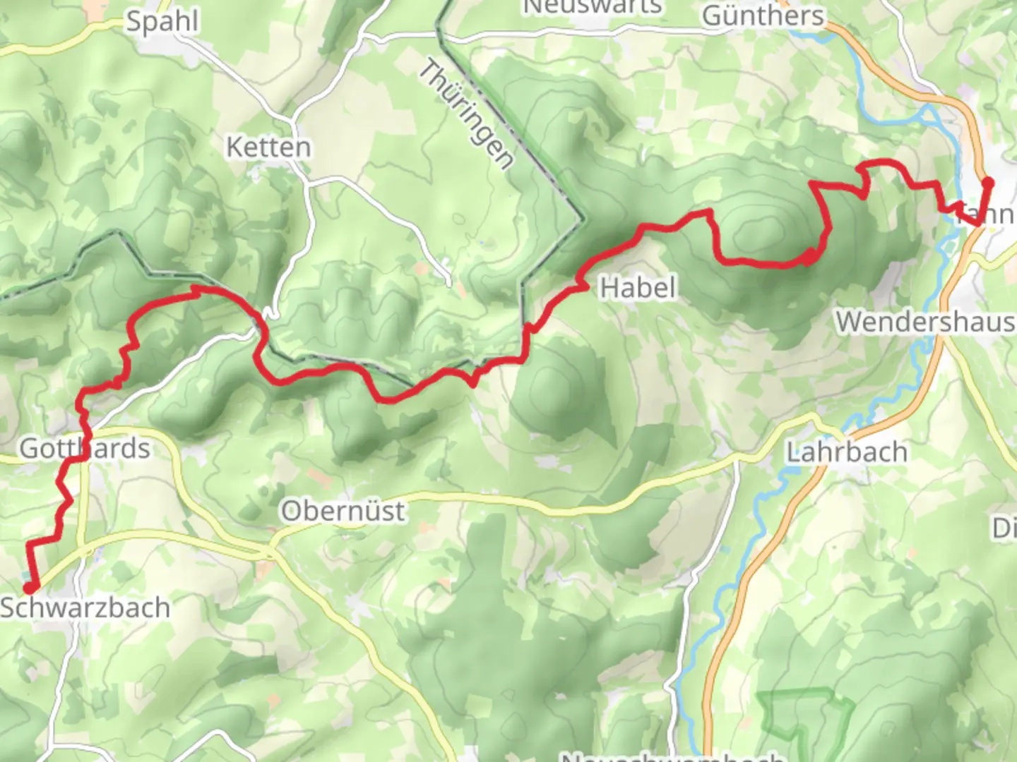 An image depicting the trail Schwarzbach to Tann Walk via Tannenkuppel and its surrounding area.