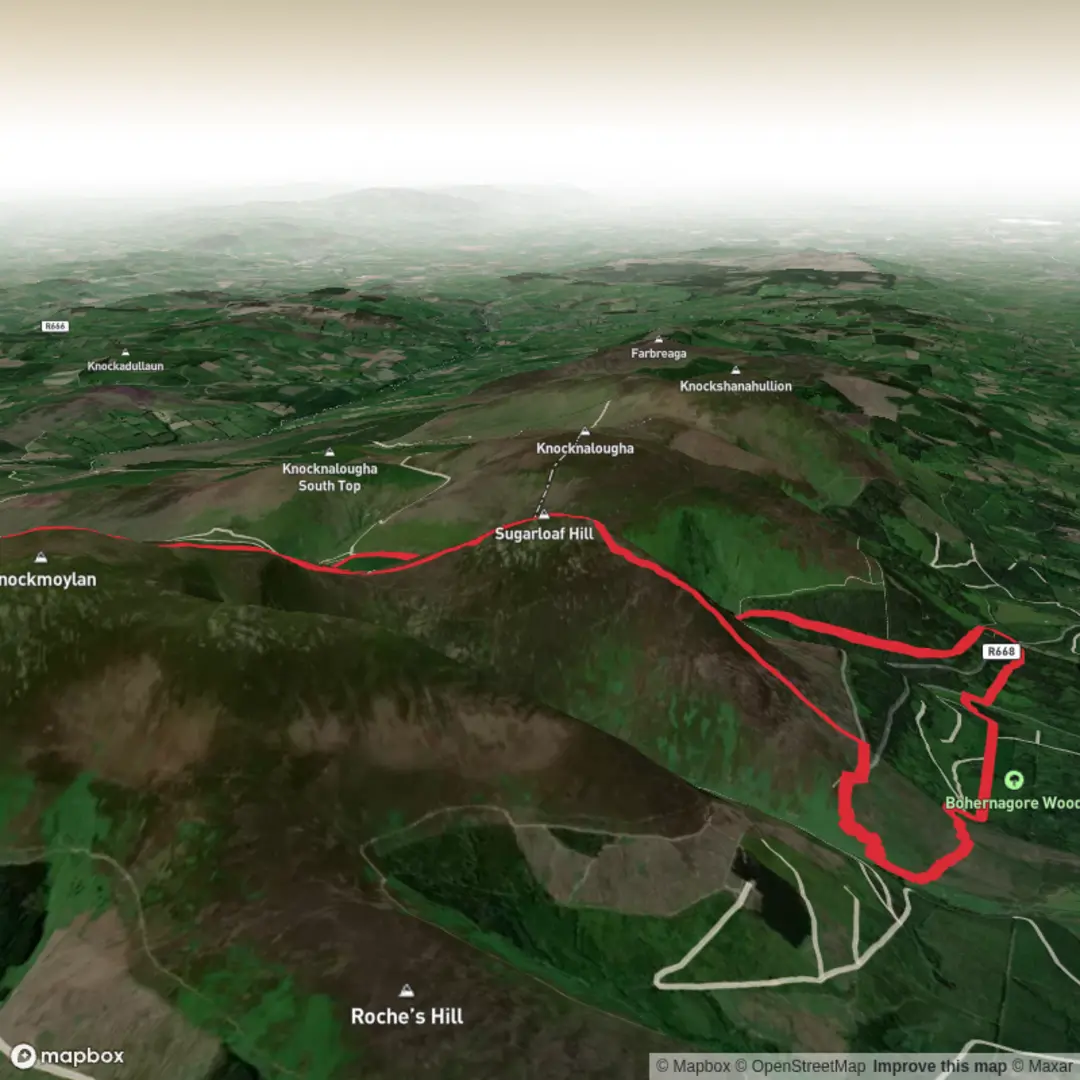An image depicting the trail Killballyboy Sugarloaf Knockmealdown Bay Lough and its surrounding area.