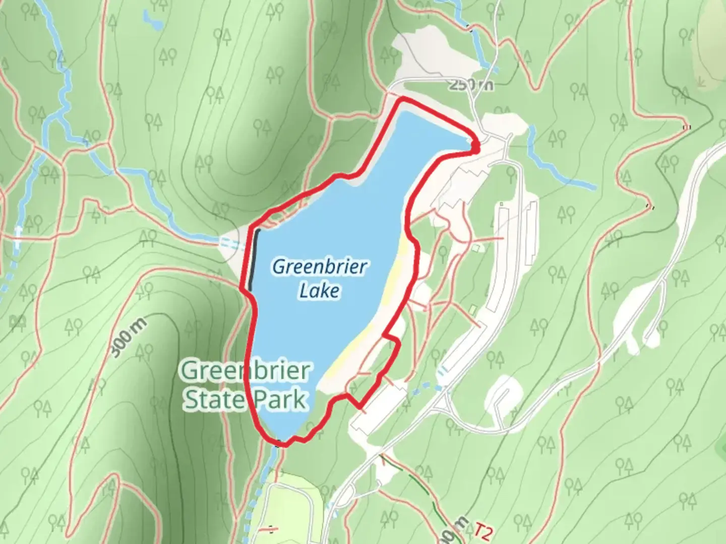 An image depicting the trail Greenbrier Lake via Big Red Trail and its surrounding area.
