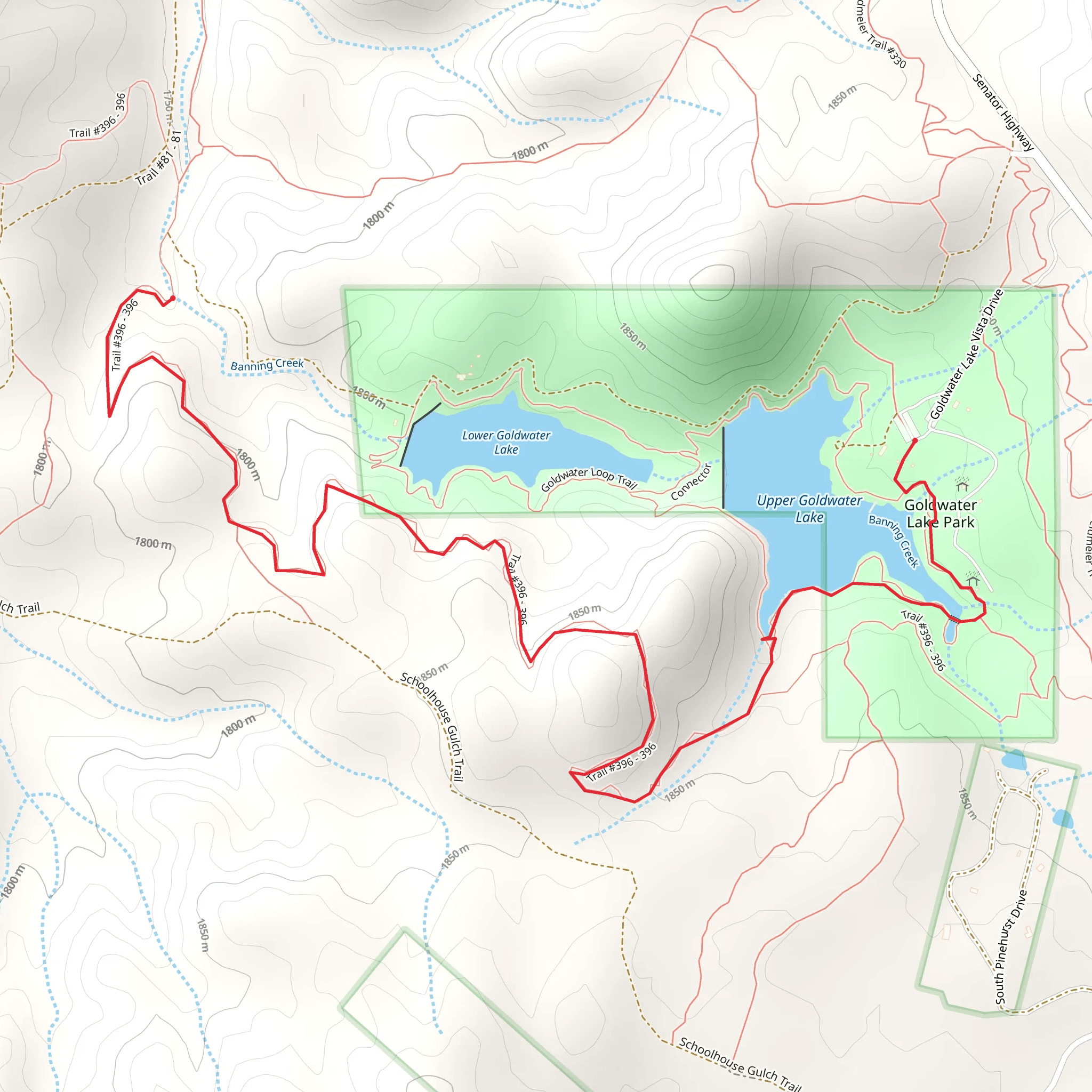 Banning Creek via Upper Goldwater Lake mobile static map