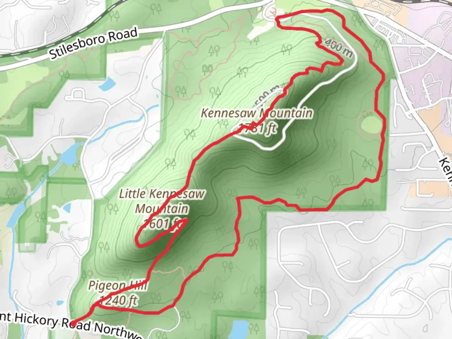 An image depicting the trail Pigeon Hill, Little Kennesaw Mountain and Kennesaw Mountain Loop and its surrounding area.