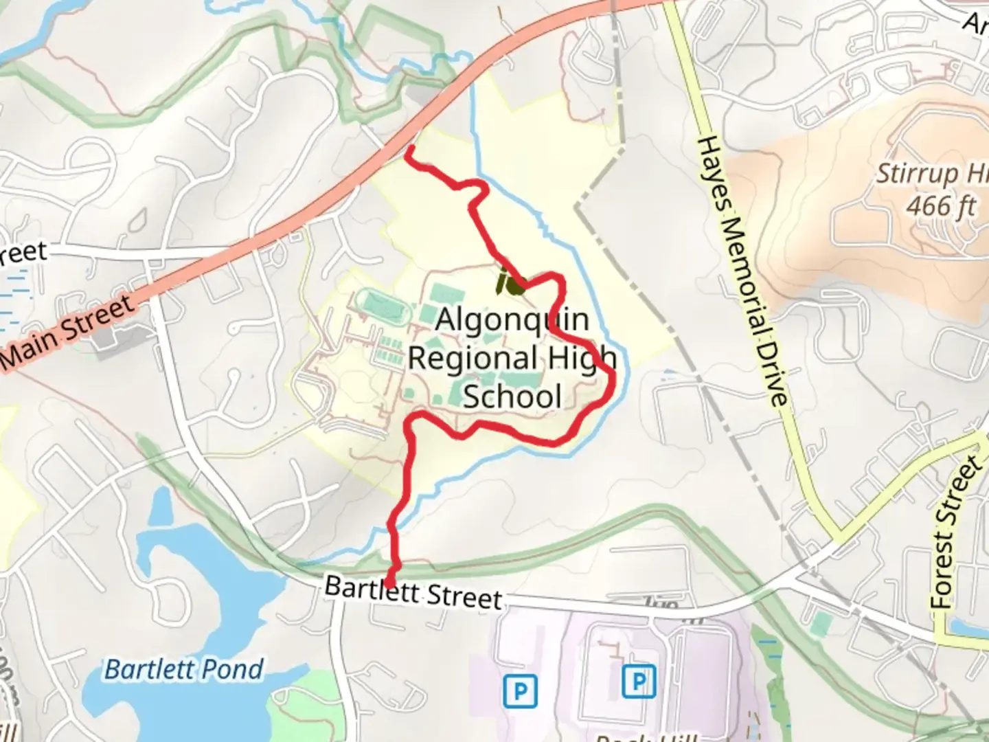 An image depicting the trail Stirrup Brook from Bartlett Street and its surrounding area.