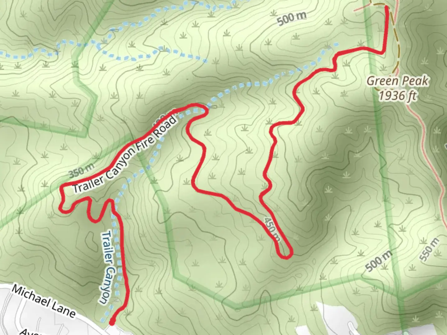 An image depicting the trail Trailer Canyon Fire Road and its surrounding area.