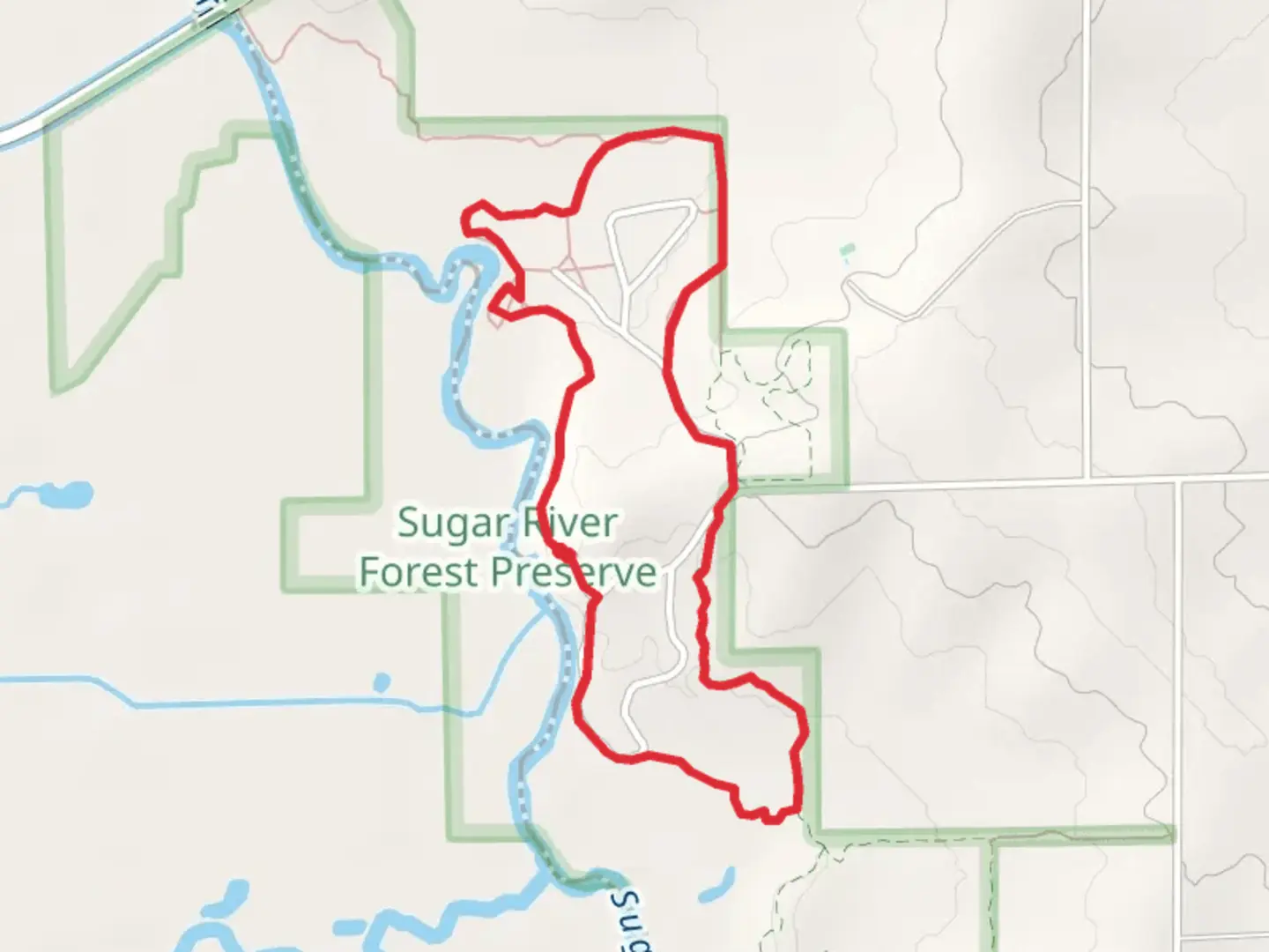 An image depicting the trail Sugar River Forest Preserve Loop and Red TrailLoop and its surrounding area.