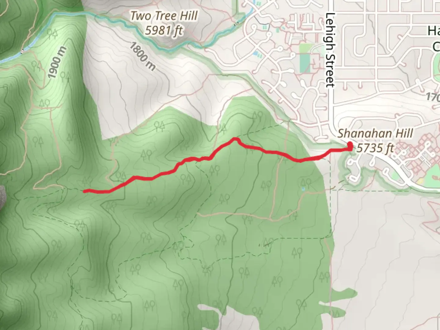 An image depicting the trail Shanahan - North Fork Trail and its surrounding area.