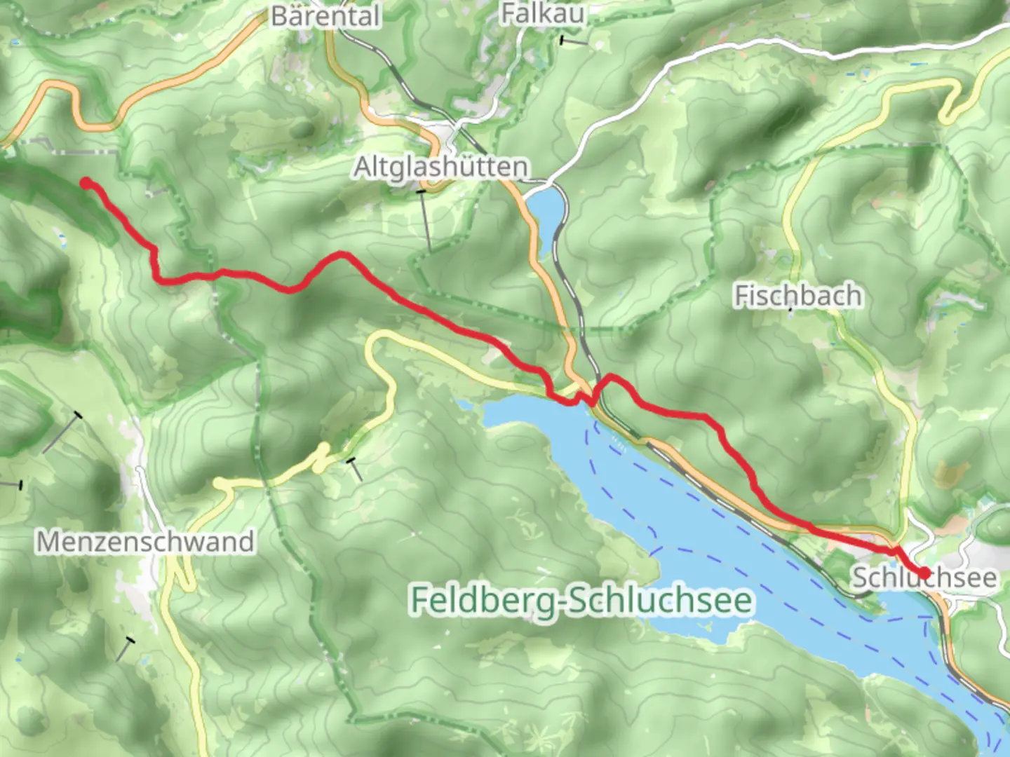 An image depicting the trail Hochkopfhuette to Schluchsee via Feldberg Schluchsee and its surrounding area.