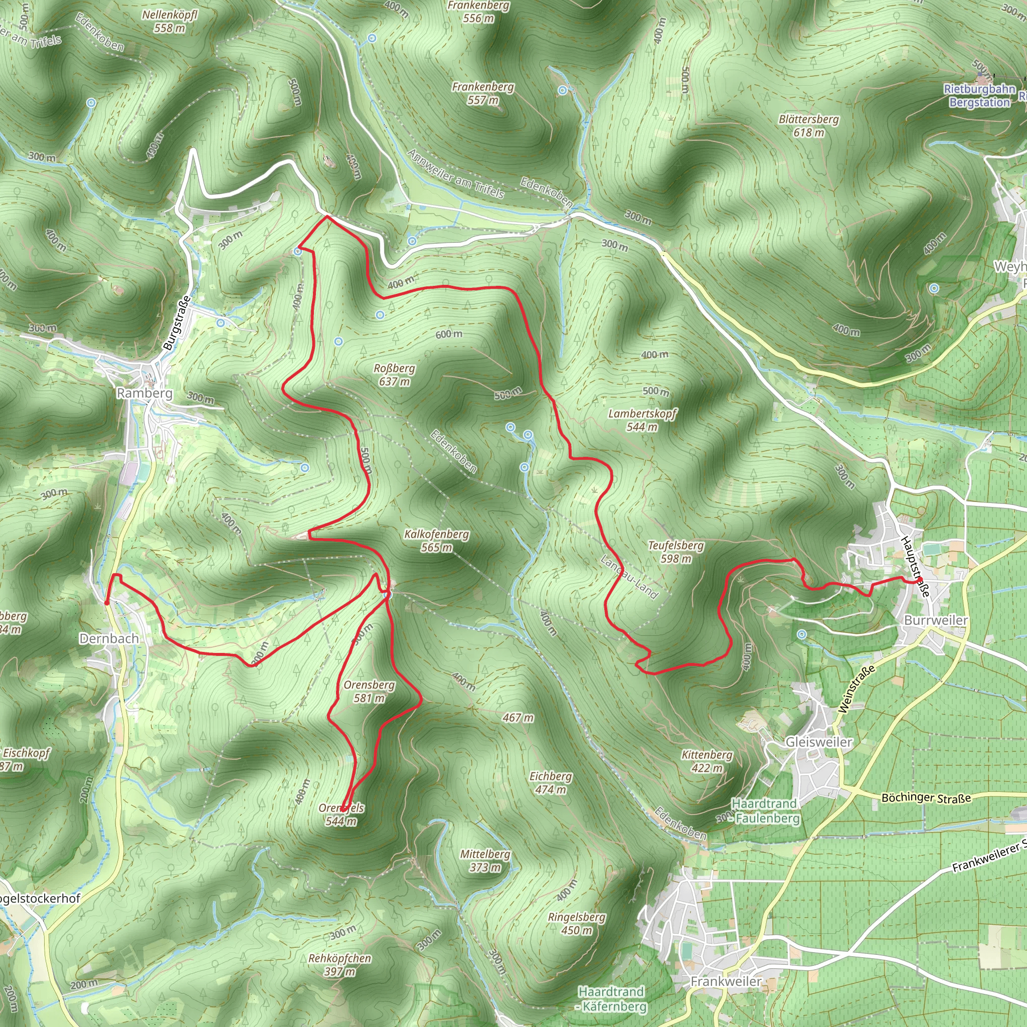 Burrweiler to Dernbach Walk via Orensfels mobile static map
