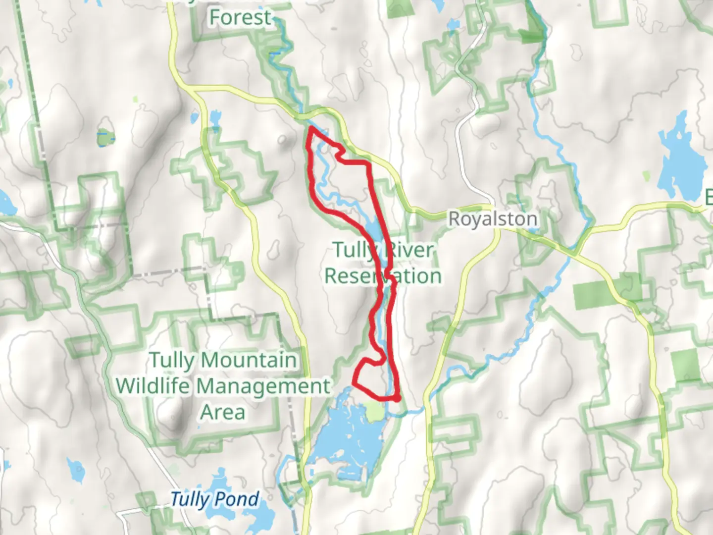 An image depicting the trail Long Pond and East Branch Tully River Loop and its surrounding area.