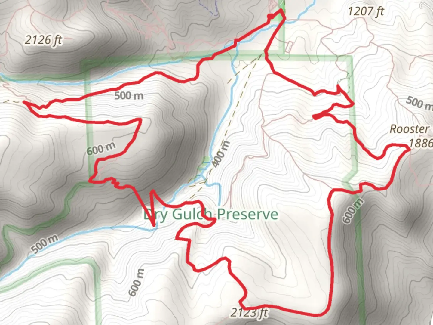 An image depicting the trail Dry Gulch Side Trail and Sry Gulch Upper Trail and its surrounding area.