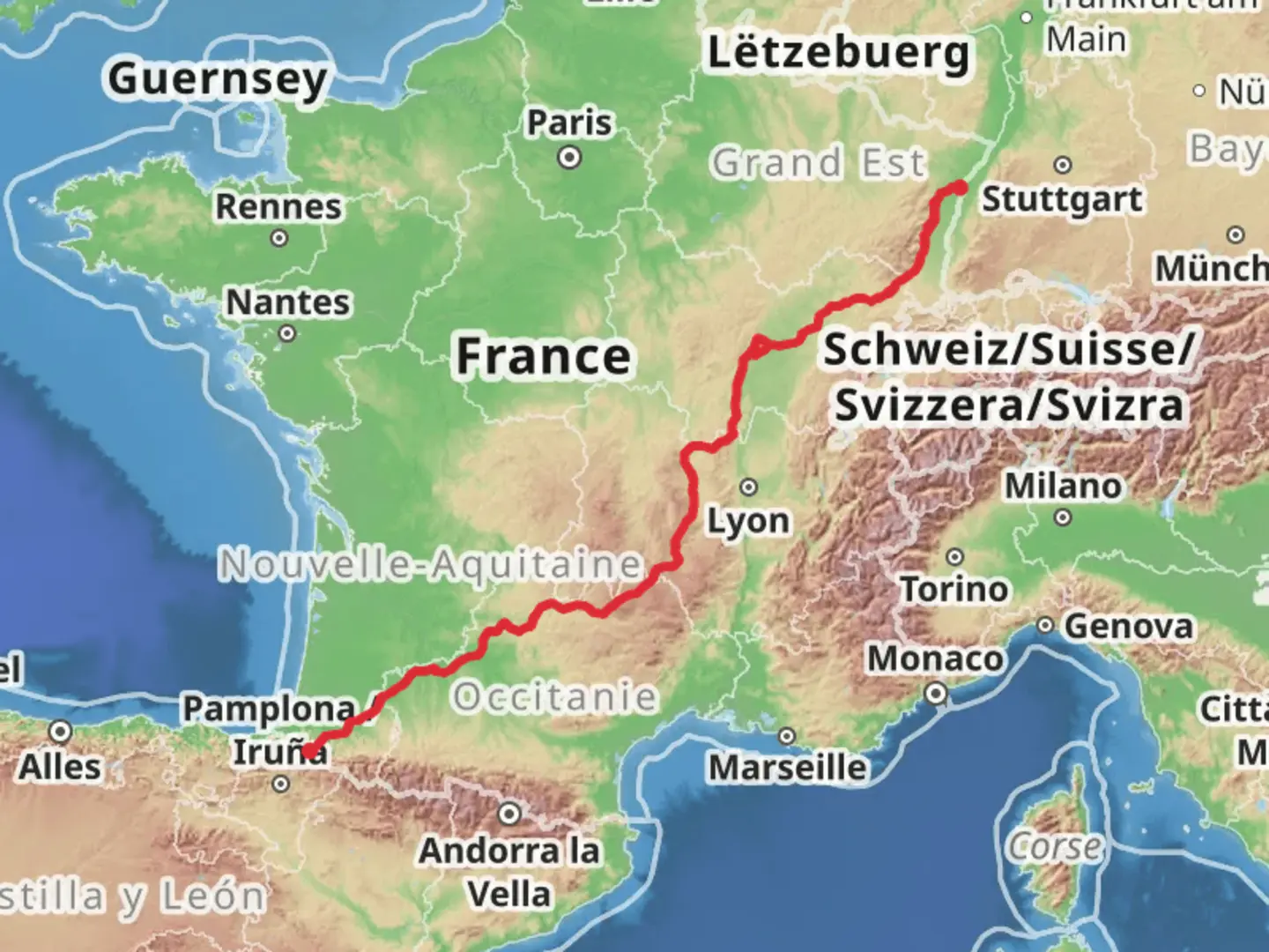 An image depicting the trail Camino Strasbourg-Saint Jean Pied de Port via Le Puy and its surrounding area.