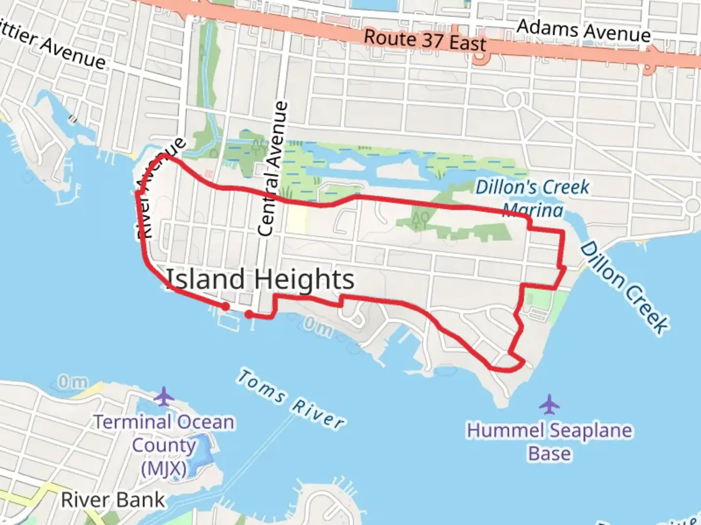An image depicting the trail Island Heights and Lake Avenue Loop and its surrounding area.
