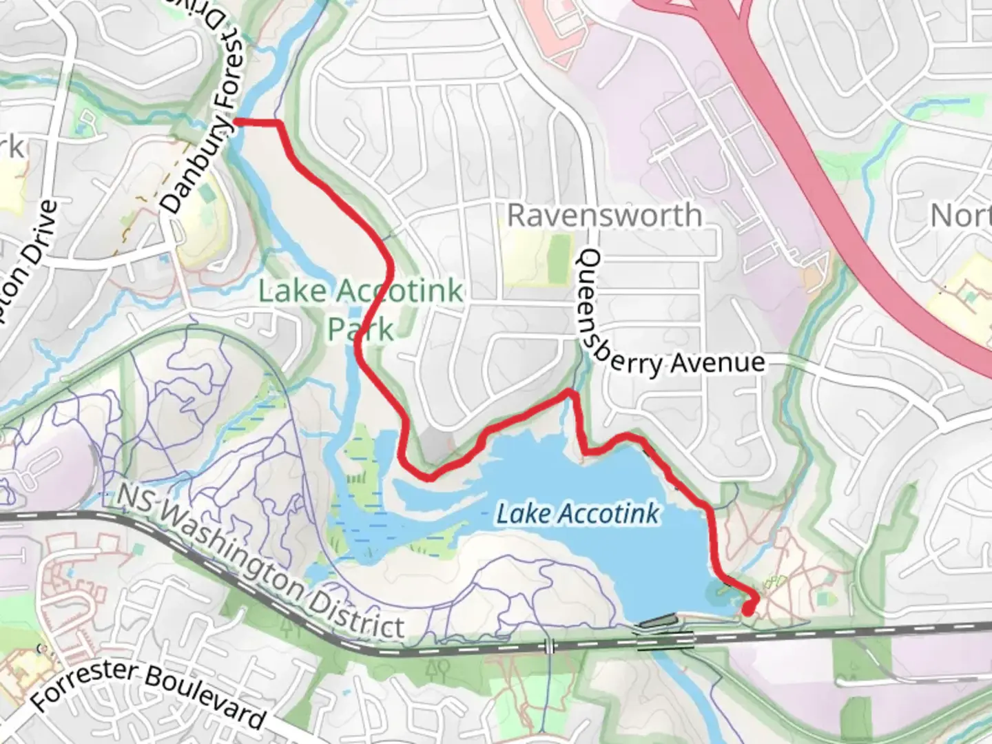 An image depicting the trail Accotink Lake and Creek via Cross County Trail and its surrounding area.