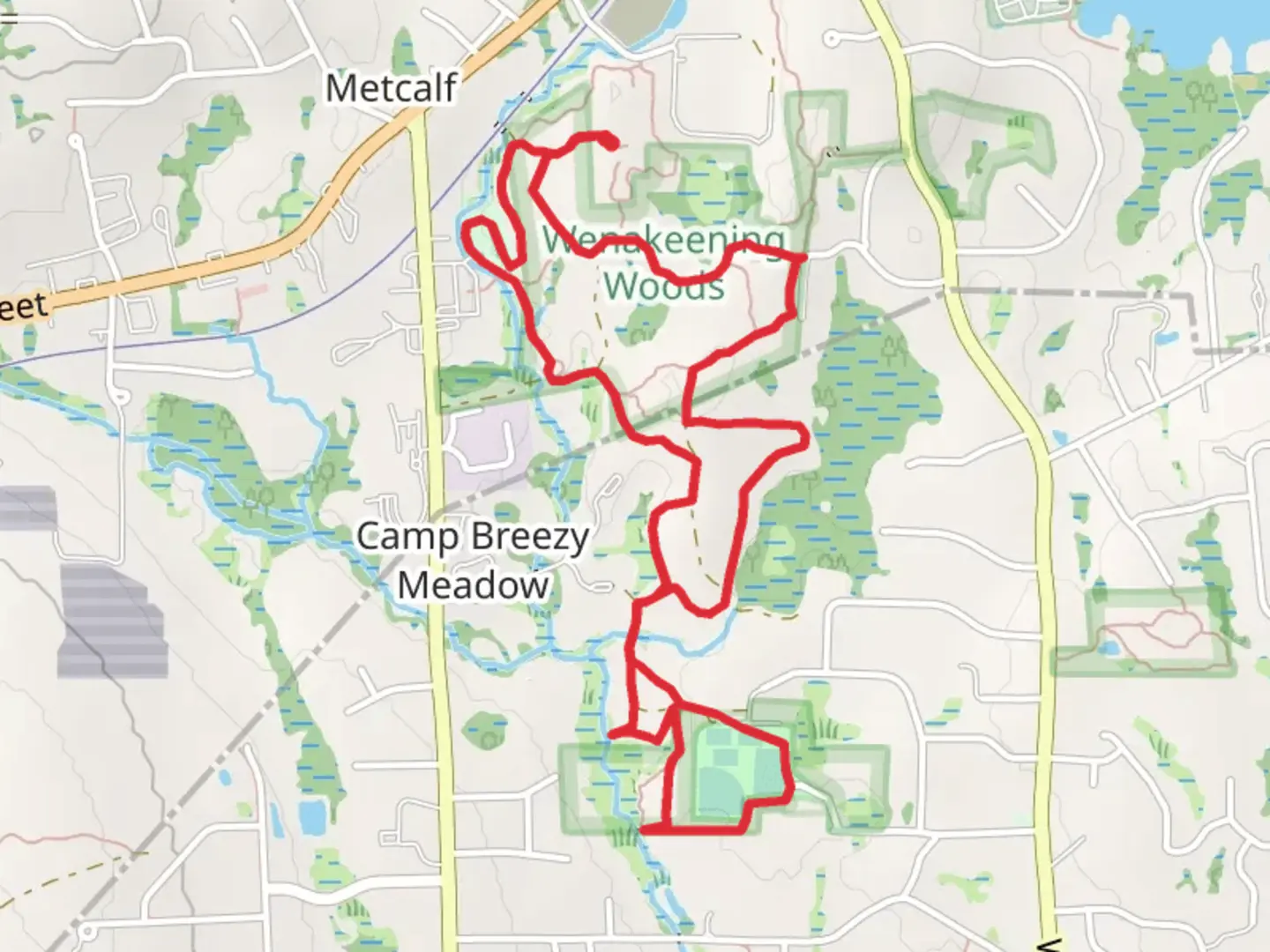 An image depicting the trail Idlybrook Park and Baseball Field Loop and its surrounding area.