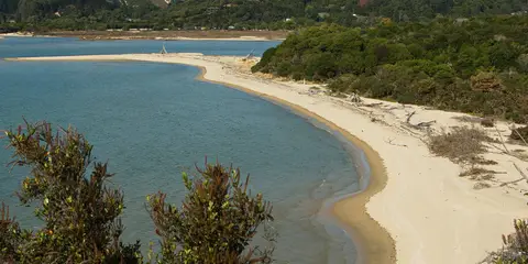 An image depicting the trail Cleopatra's Pool via Abel Tasman Coastal Track and its surrounding area.