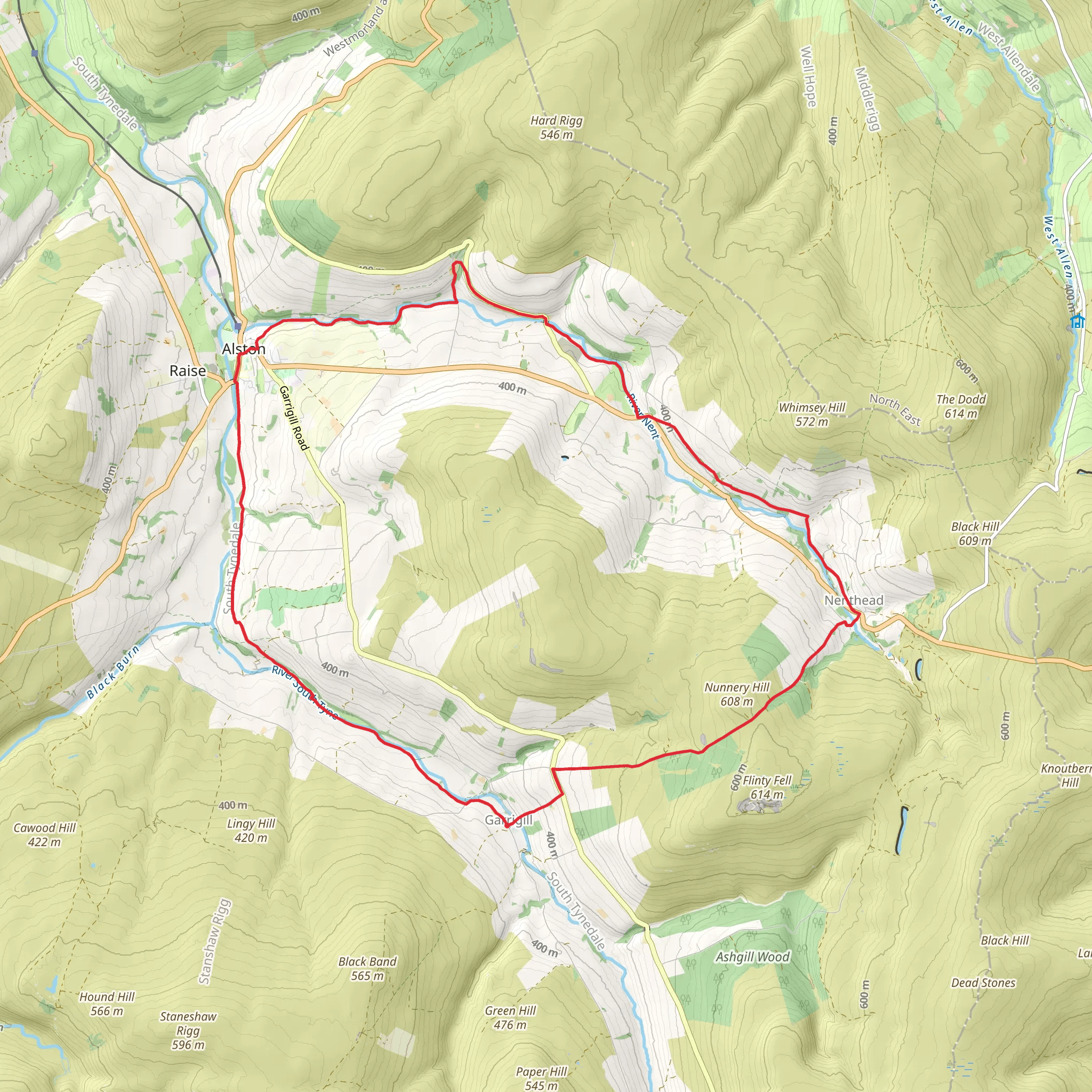 Garrigill to Alston and back via Nenthead mobile static map