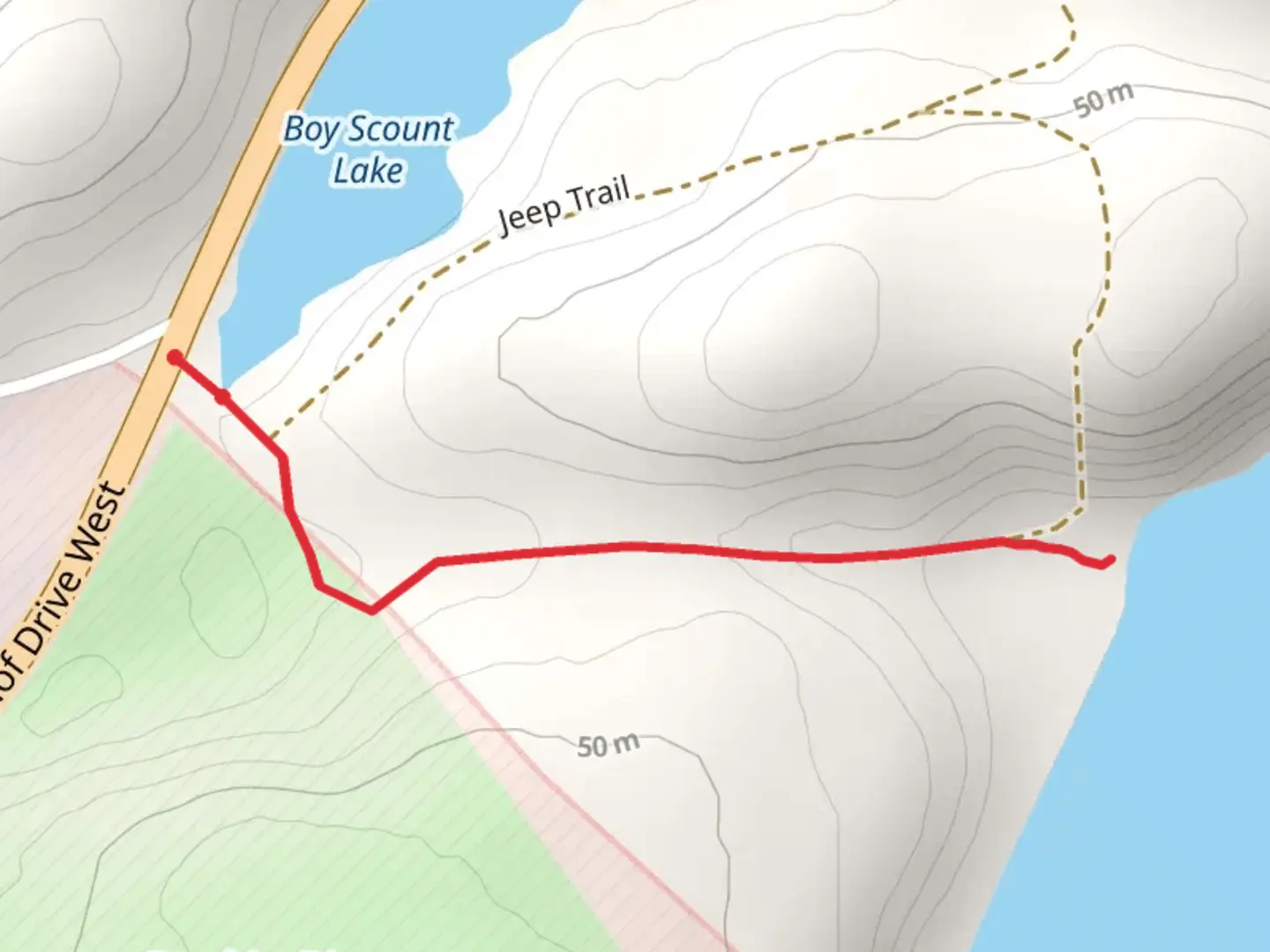 An image depicting the trail Rezanof Drive West and its surrounding area.
