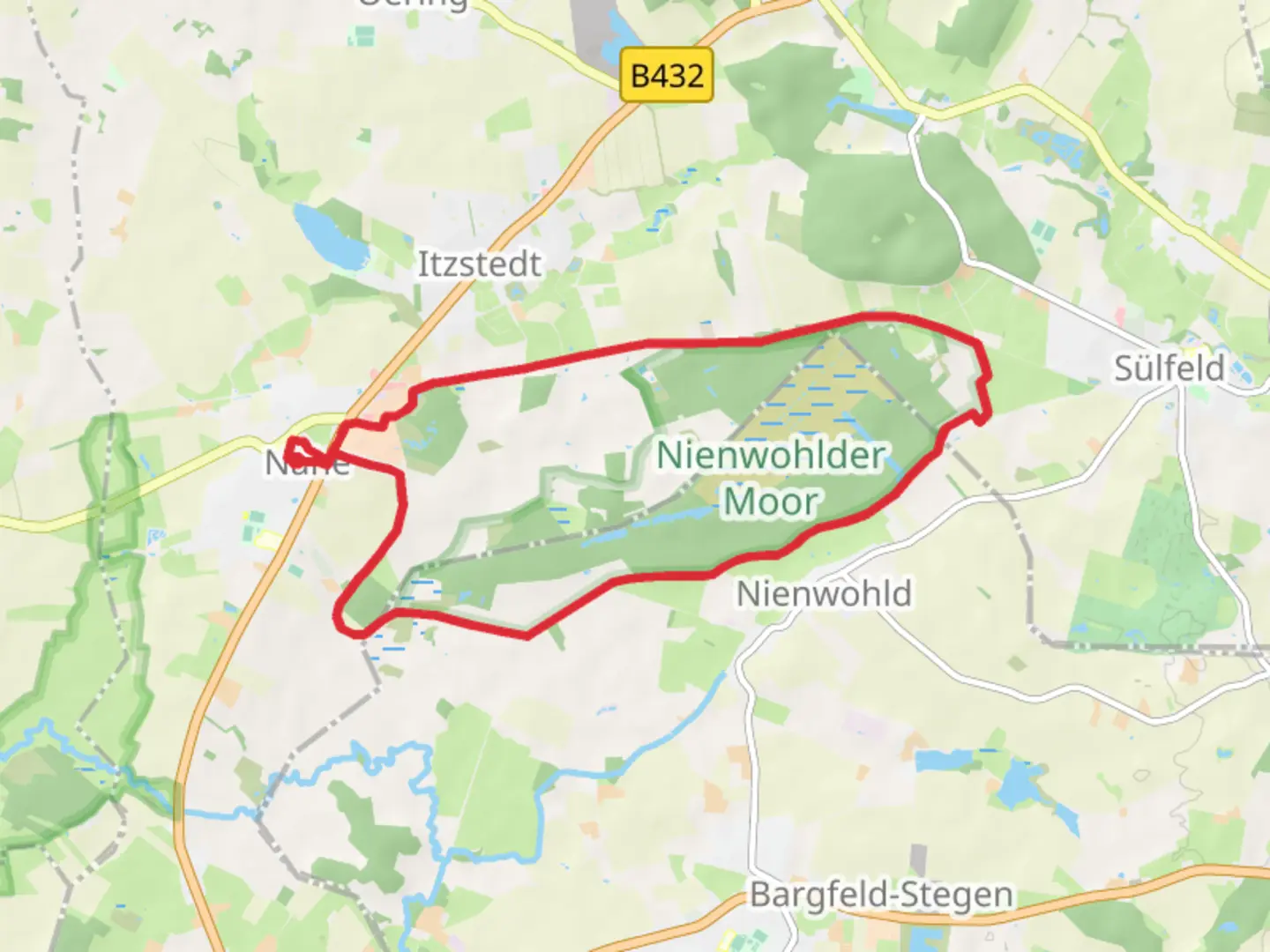 An image depicting the trail Von Nahe zum Nienwohlder Moor and its surrounding area.