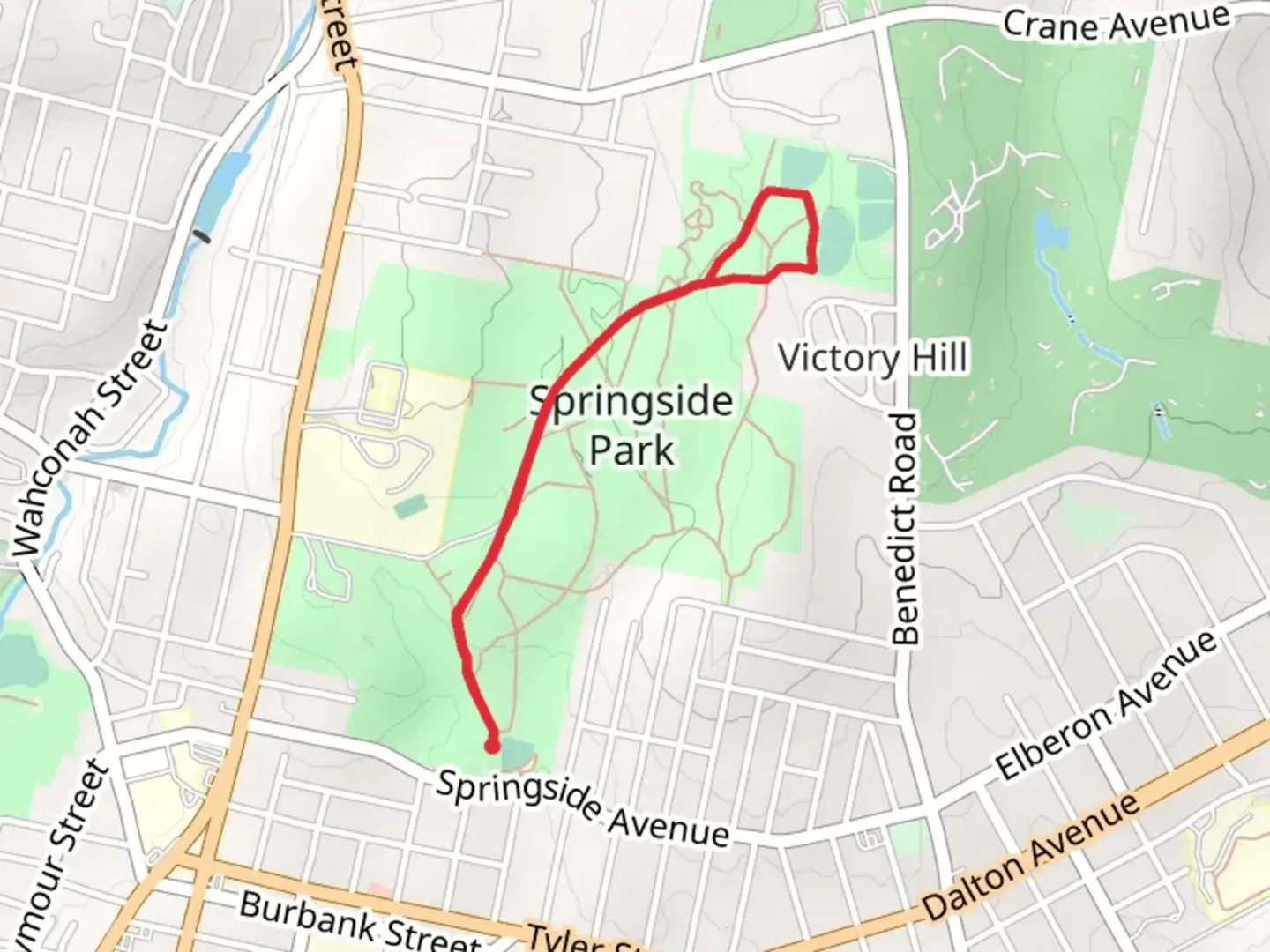 An image depicting the trail Springside Park Loop from Rotary Park and its surrounding area.