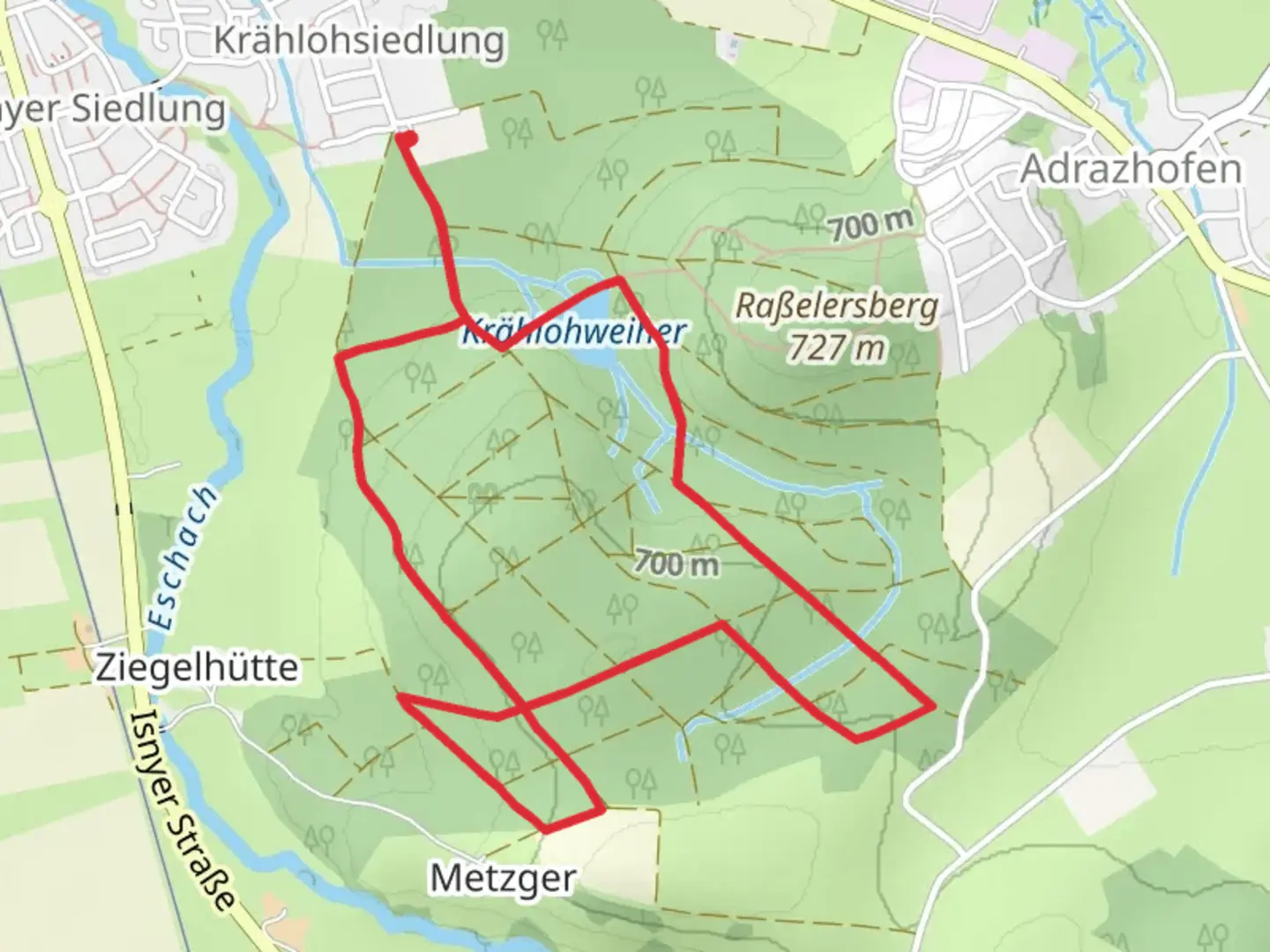 An image depicting the trail Krählohweiher and Oberer Stadtwald Loop via 4 Zur Allmishofer Höhe and its surrounding area.