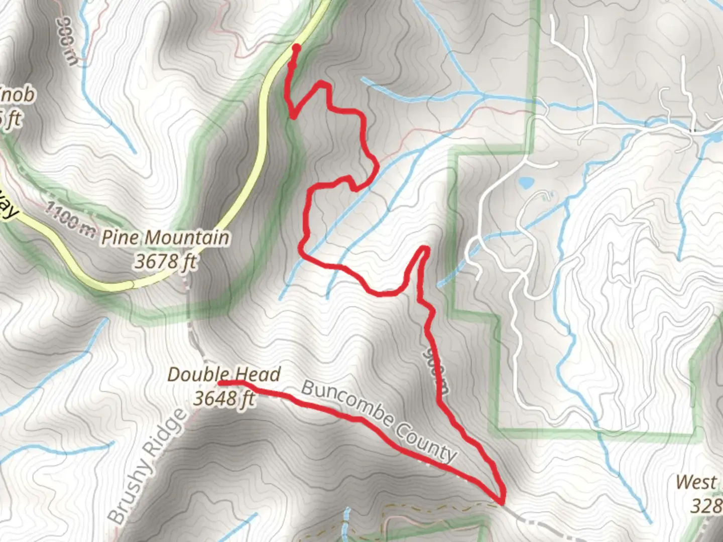 An image depicting the trail Chestnut Cove Gap to Double Head via Avery Creek and its surrounding area.