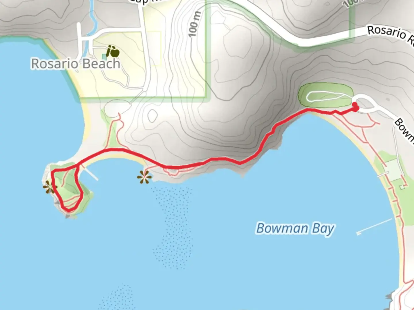 An image depicting the trail Rosario Head Out and Back and its surrounding area.