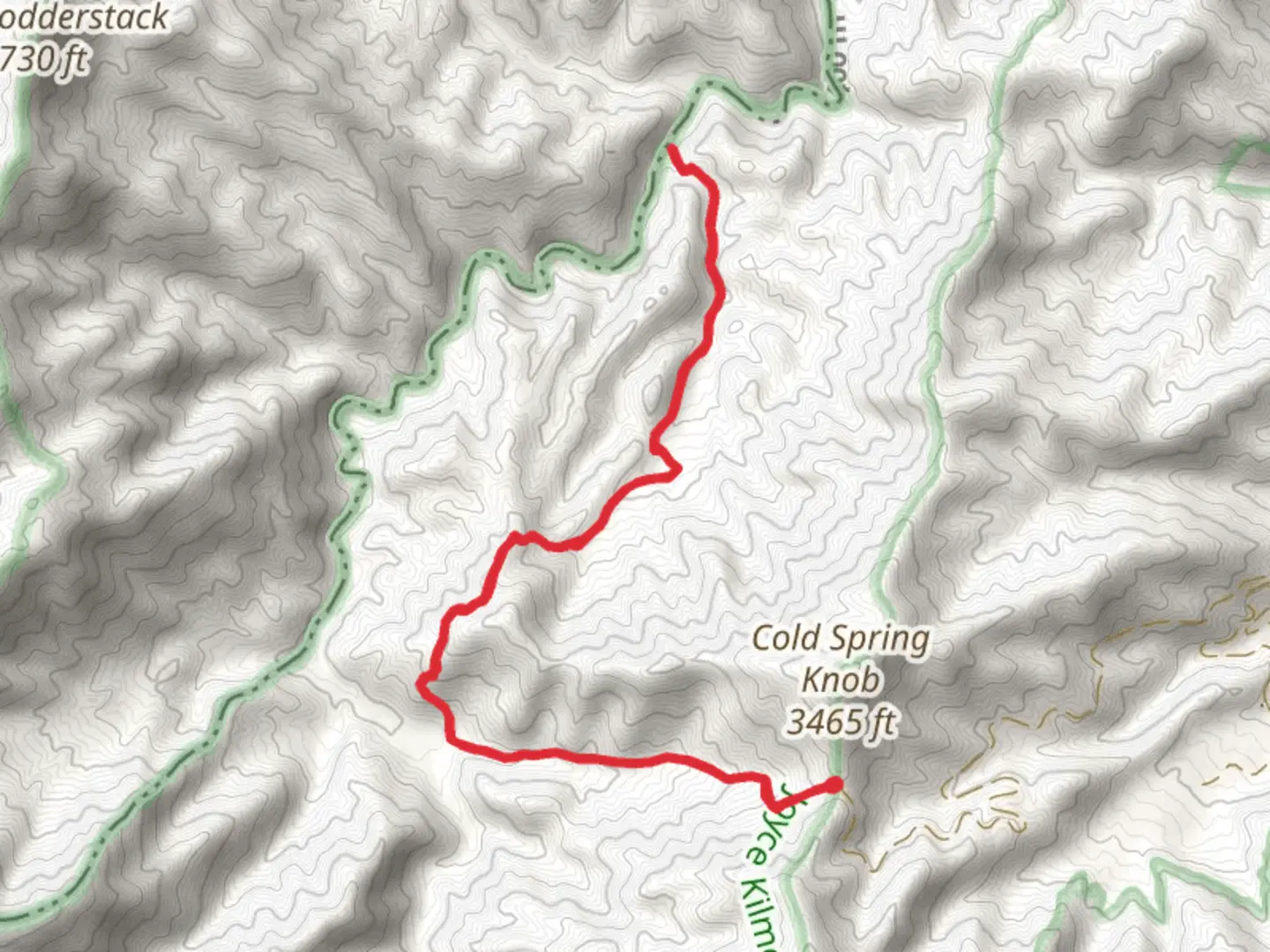 An image depicting the trail Nichols Cove Trail via Big Fat Branch Trail and its surrounding area.