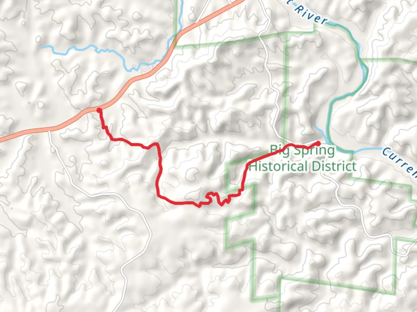 An image depicting the trail Big Spring - Spring Valley Trail and its surrounding area.