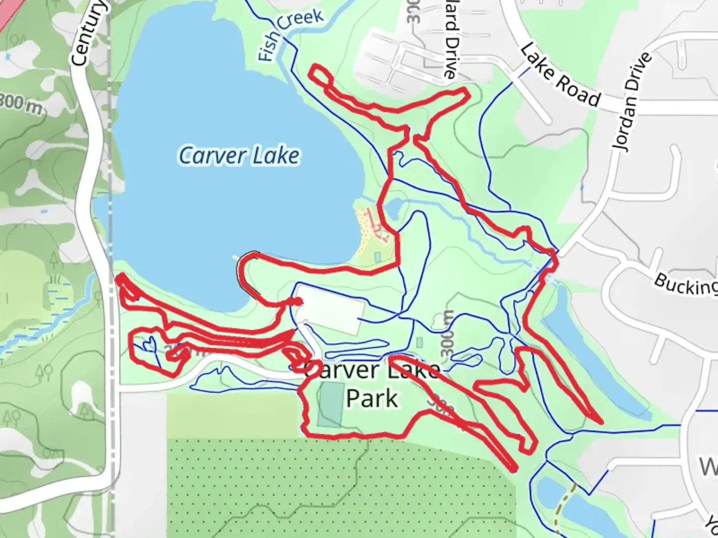 An image depicting the trail Shore Shimmy and Sticks N Stones Loop and its surrounding area.