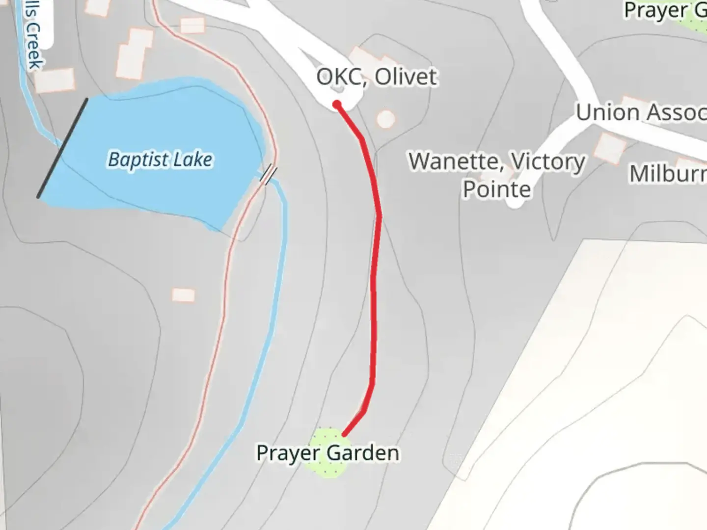 An image depicting the trail Prayer Garden Walk and its surrounding area.