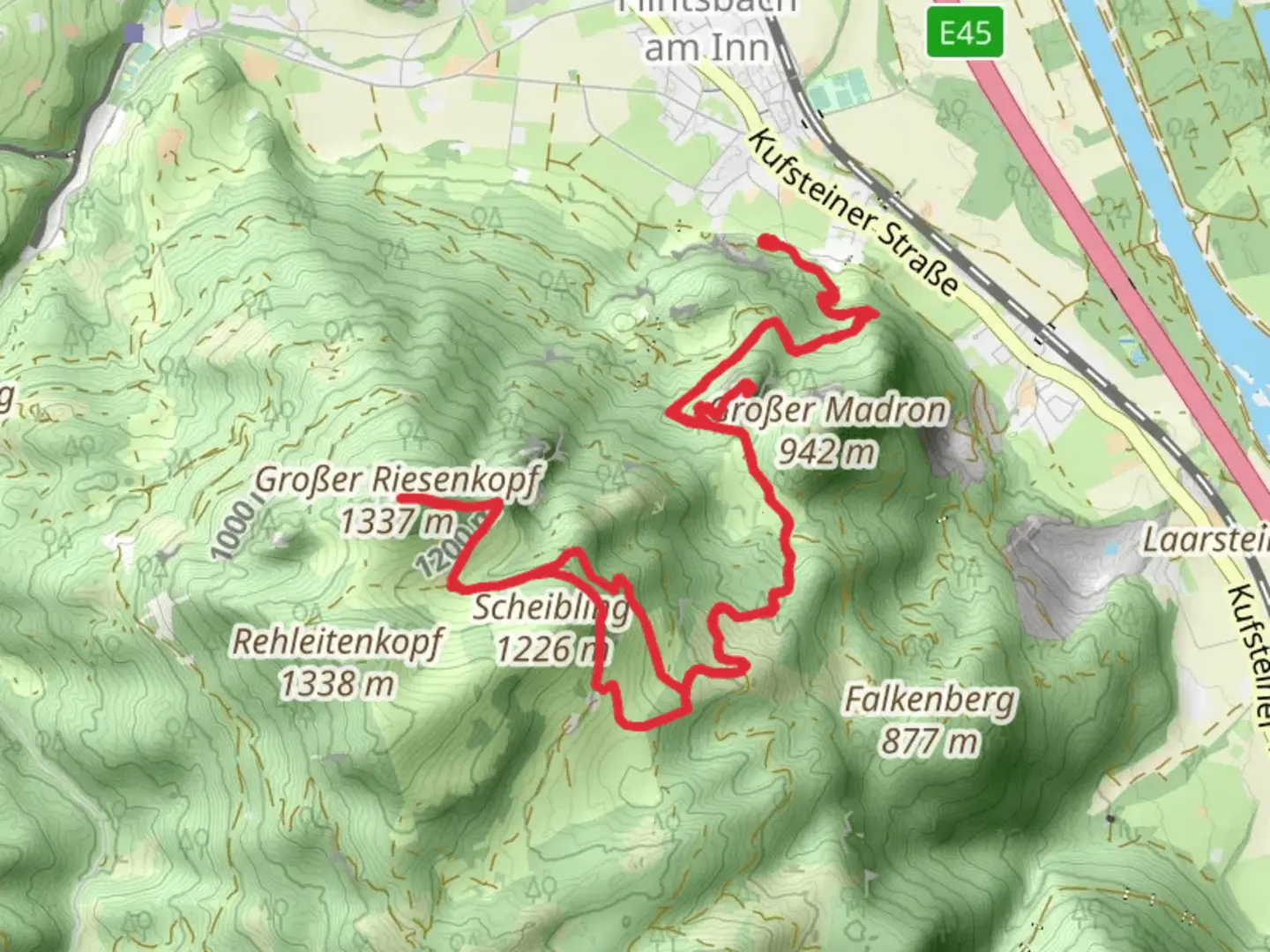 An image depicting the trail Petersberg, Großer Riesenkopf Peak Loop - Wanderweg FL1 - Flintsbach and its surrounding area.