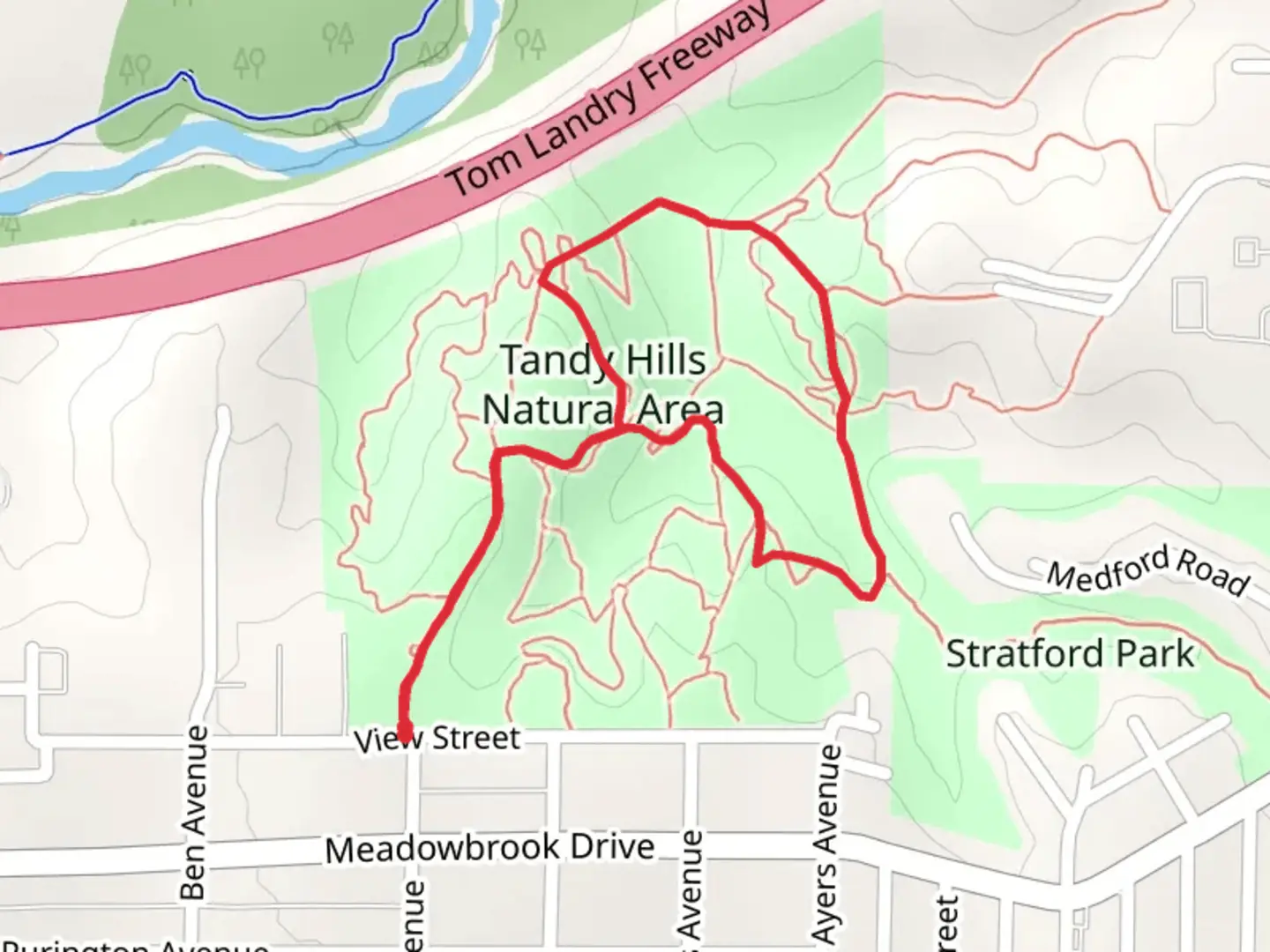 An image depicting the trail Tandy Hills Natural Area Loop and its surrounding area.
