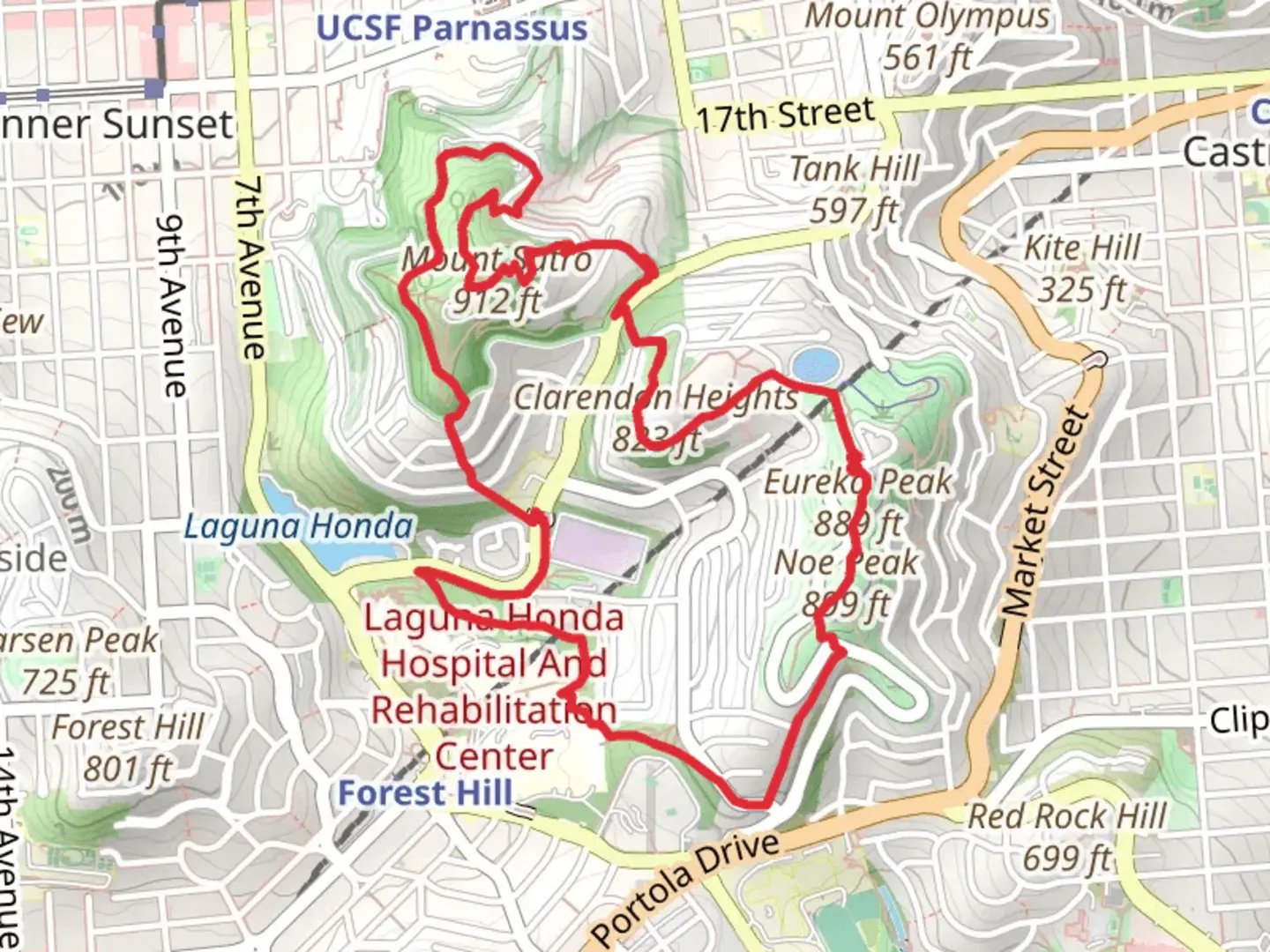 An image depicting the trail Twin Peaks and Mount Sutro Loop via Sutro Tower Trail and Steep Ravine Trail and its surrounding area.