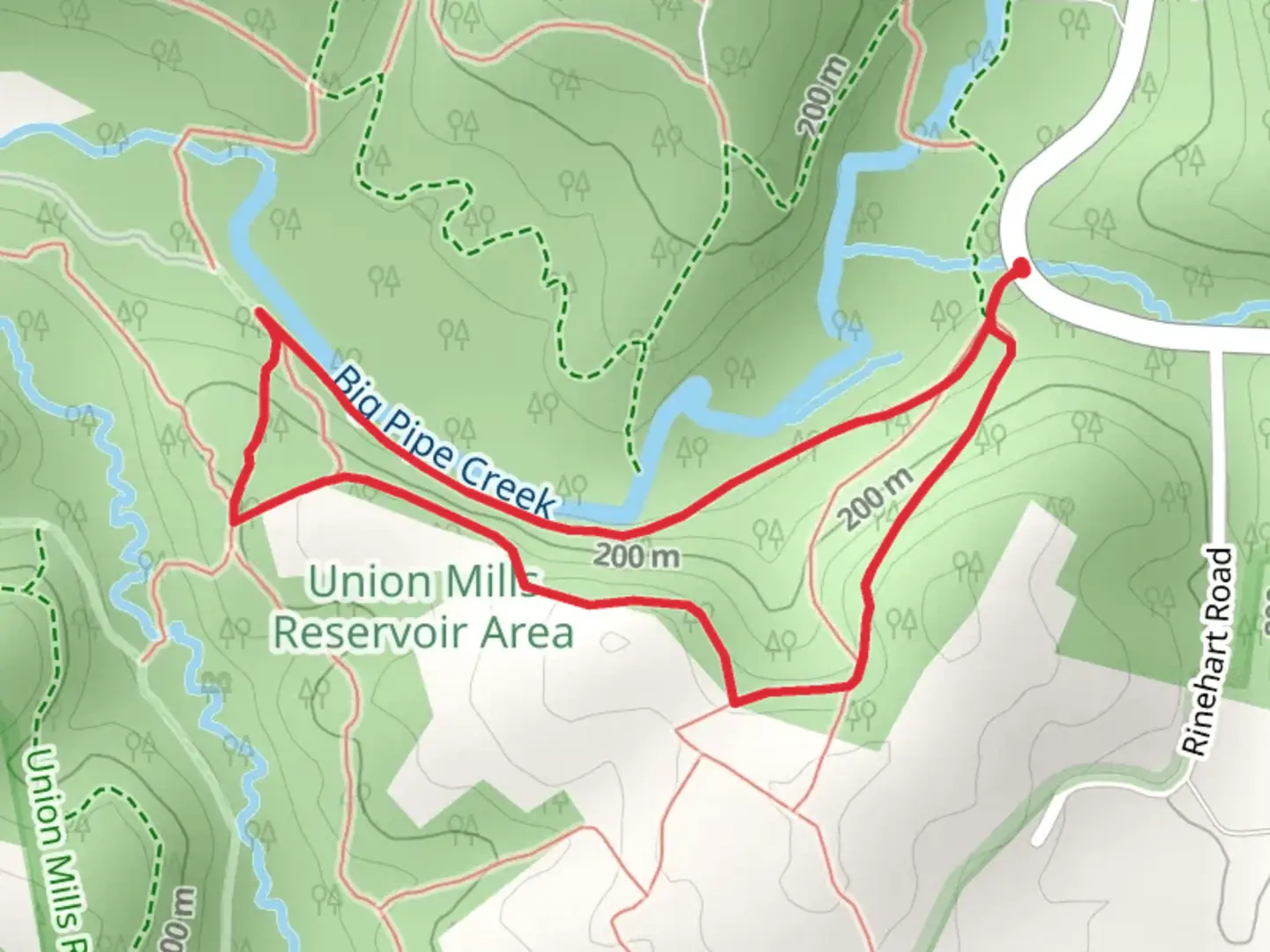 An image depicting the trail Boundary Trail and Hickory Trail Loop and its surrounding area.