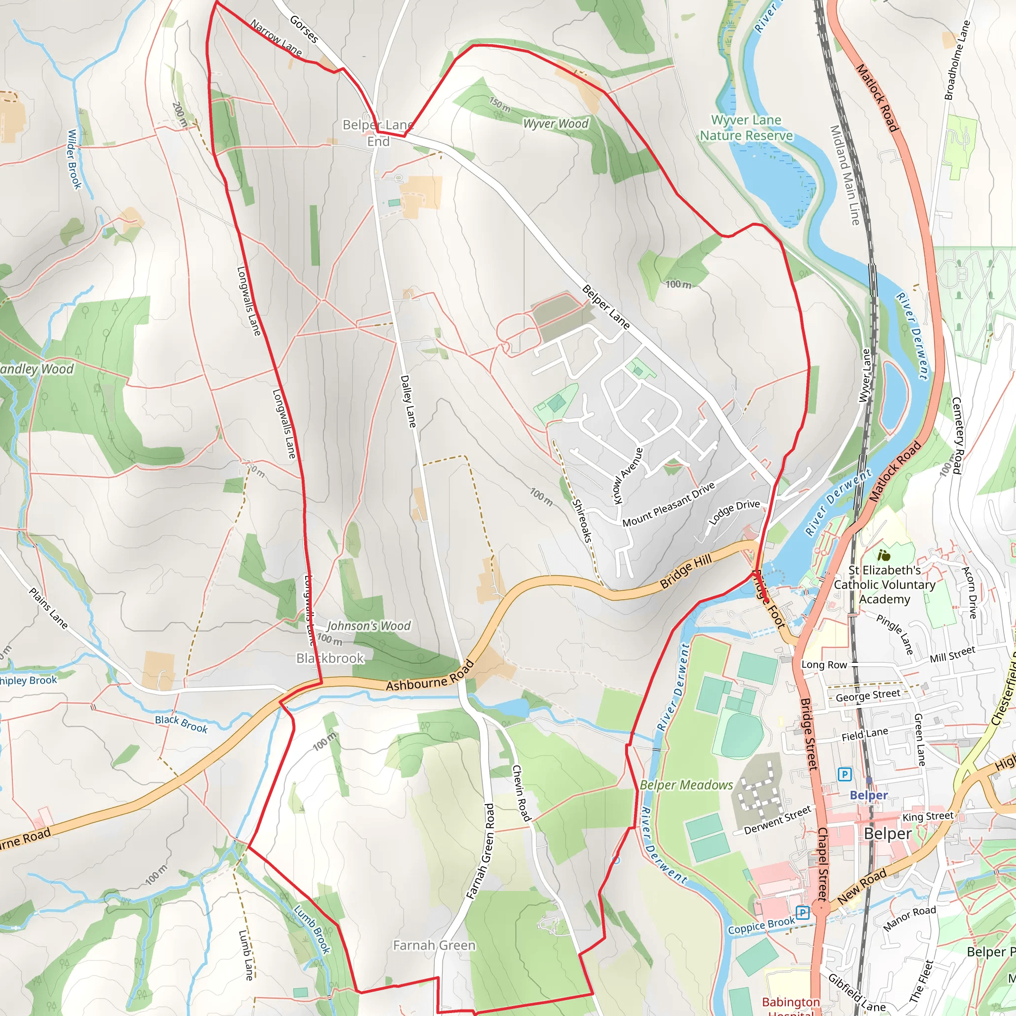 Belper, Wyver Lane Pool and Blackbrook Loop mobile static map