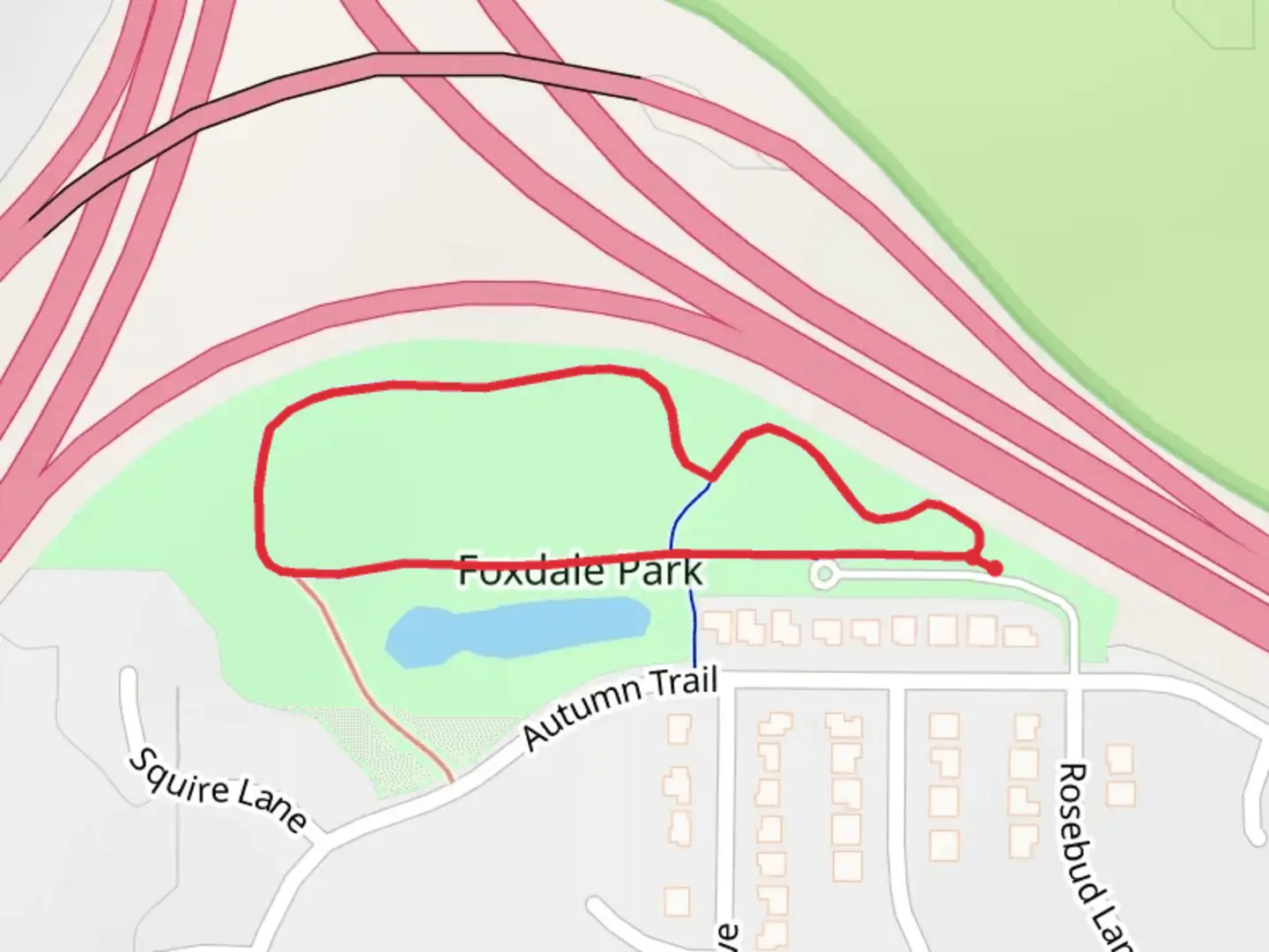 An image depicting the trail Foxdale Park Loop and its surrounding area.