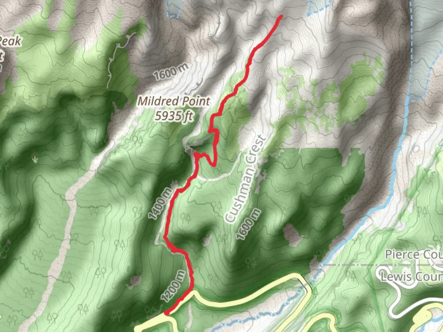 An image depicting the trail Comet Falls and Van Trump Trail and its surrounding area.