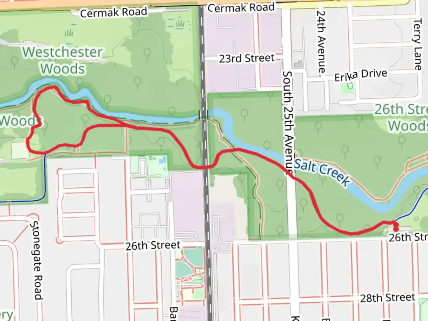 An image depicting the trail Salt Creek Greenway Red Paved Trail - Short and its surrounding area.