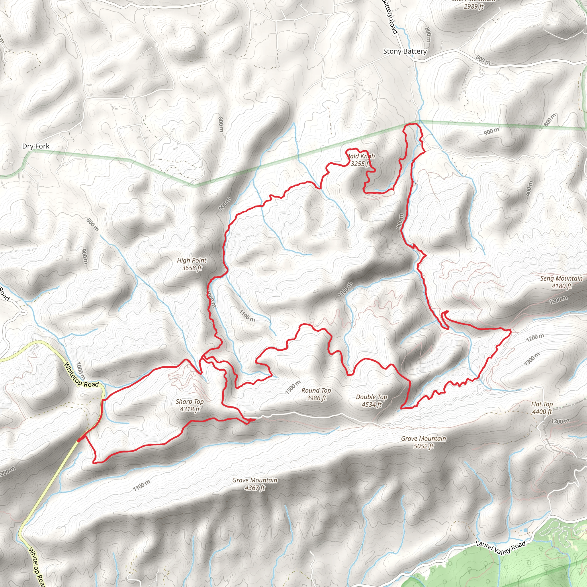Sharp Top and Bald Knob via Jerry's Creek Trail and Old 84 Trail mobile static map