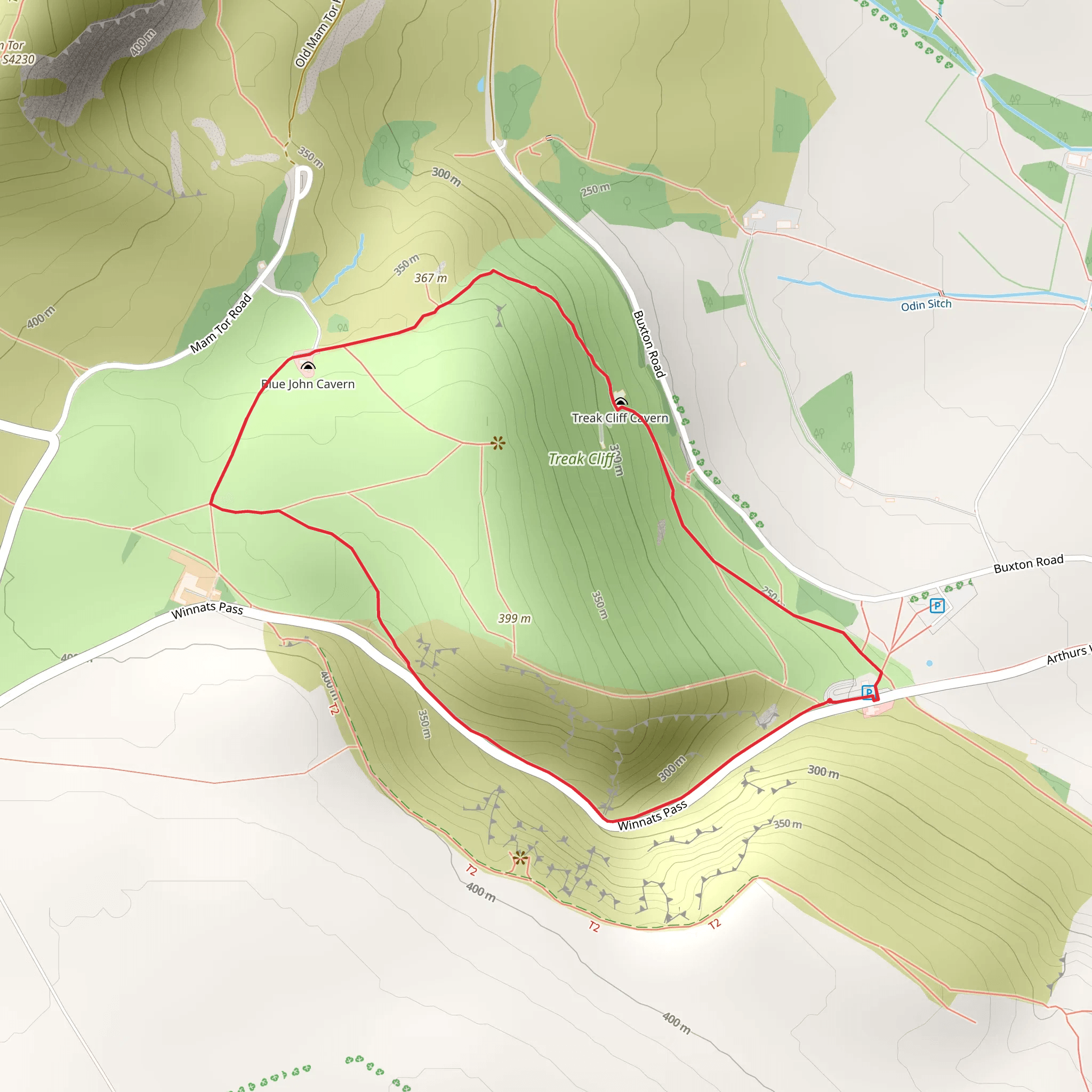 Winnats Pass View Point, Blue John Cavern and Treak Cliff Cavern Loop mobile static map