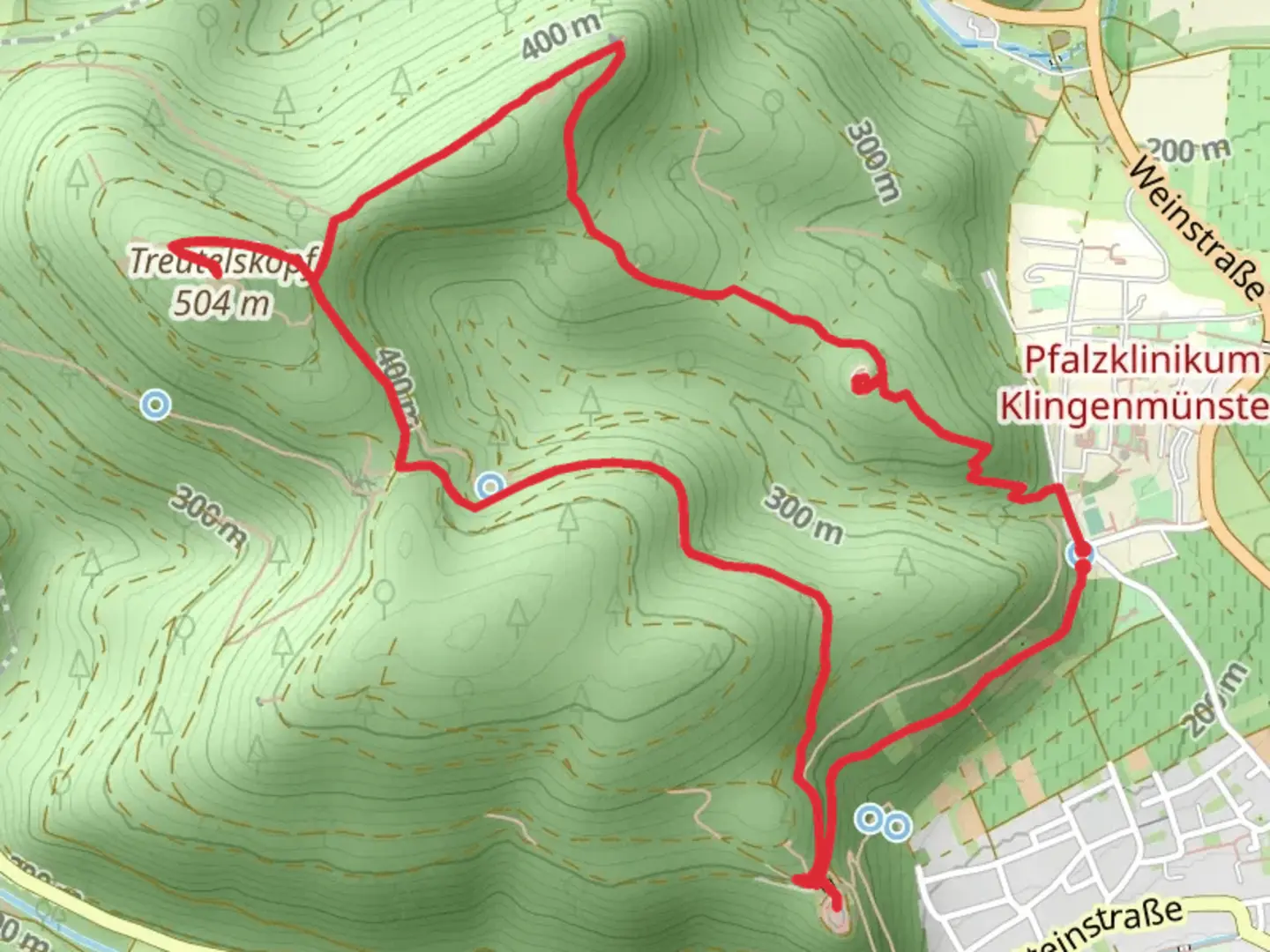 An image depicting the trail Bergfried, Treutelskopf and Burg Landeck via Quellenweg Klingenmuenster and Burgenweg and its surrounding area.