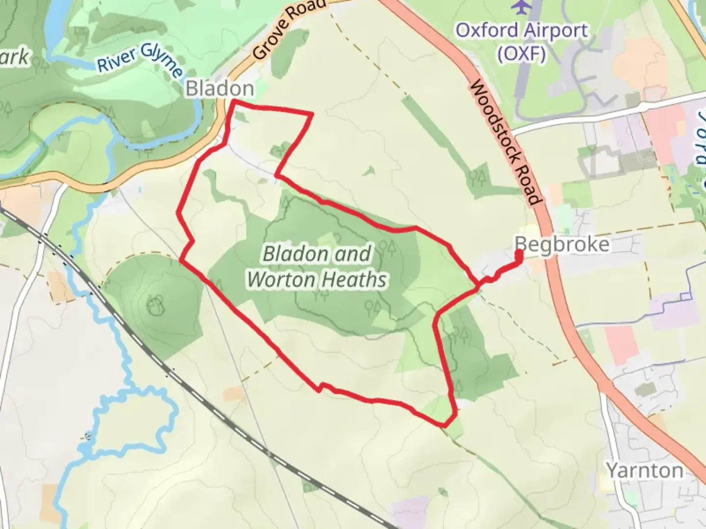 An image depicting the trail Bladon and Worton Heaths Loop and its surrounding area.