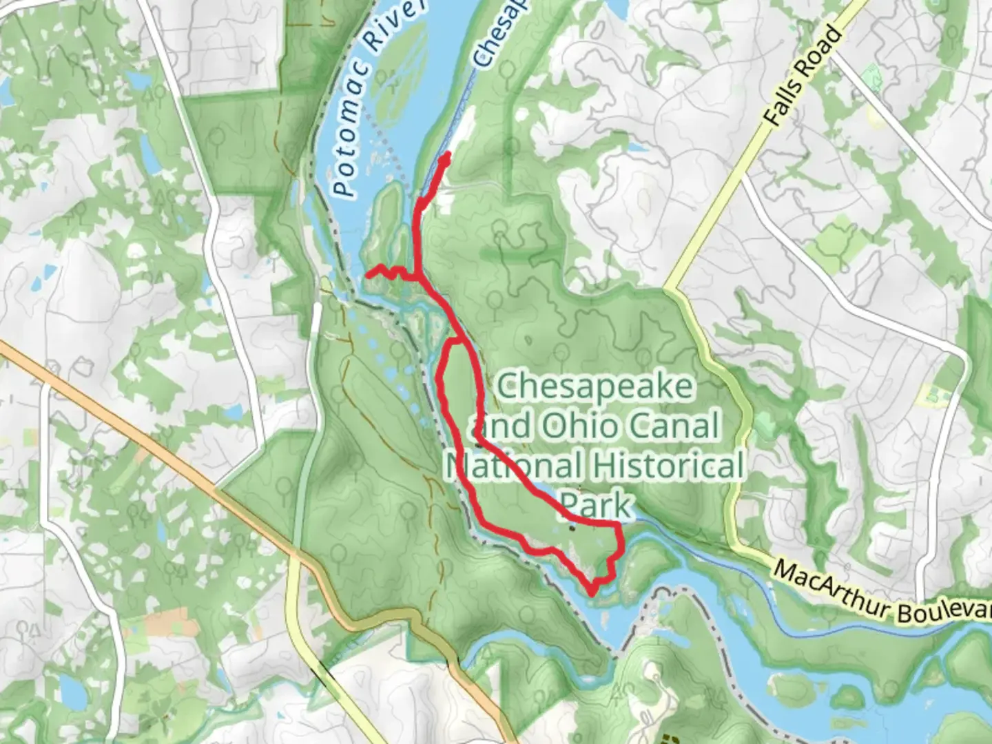 An image depicting the trail Chesapeake and Ohio Canal Loop via ADT and its surrounding area.