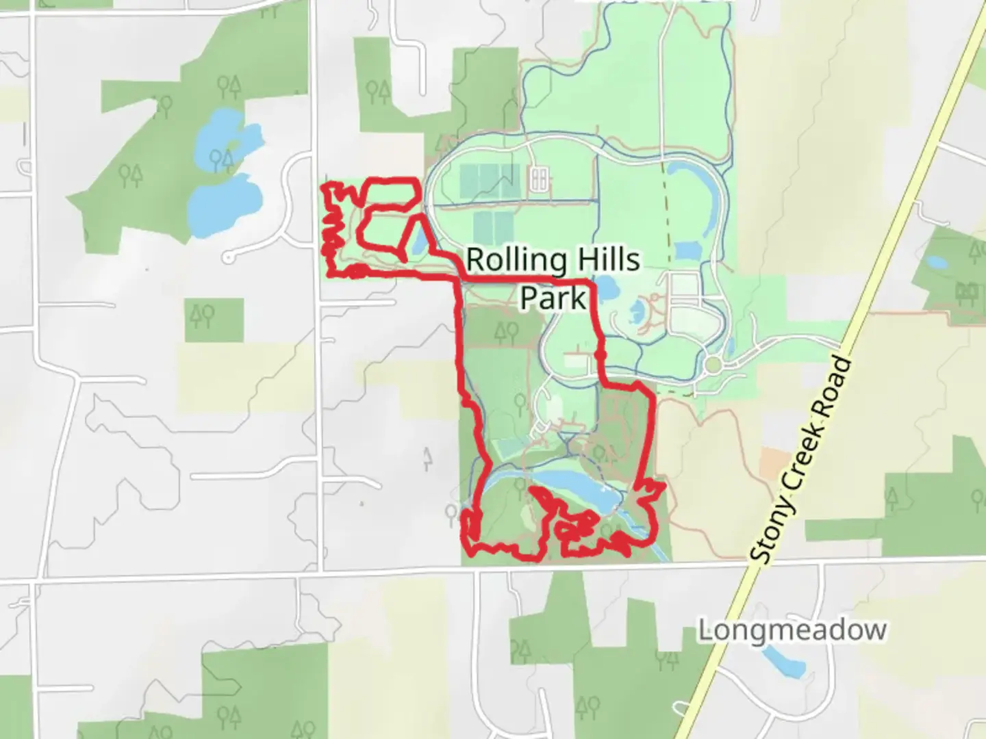 An image depicting the trail Rolling Hills Hiking Loop Trail and its surrounding area.
