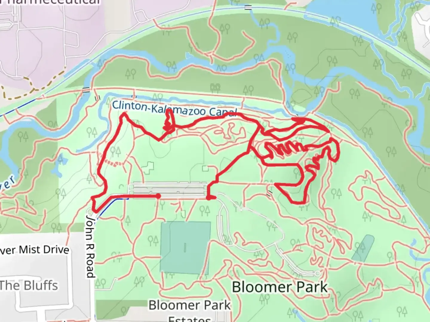 An image depicting the trail The International Velodrome at Bloomer Park Loop and its surrounding area.